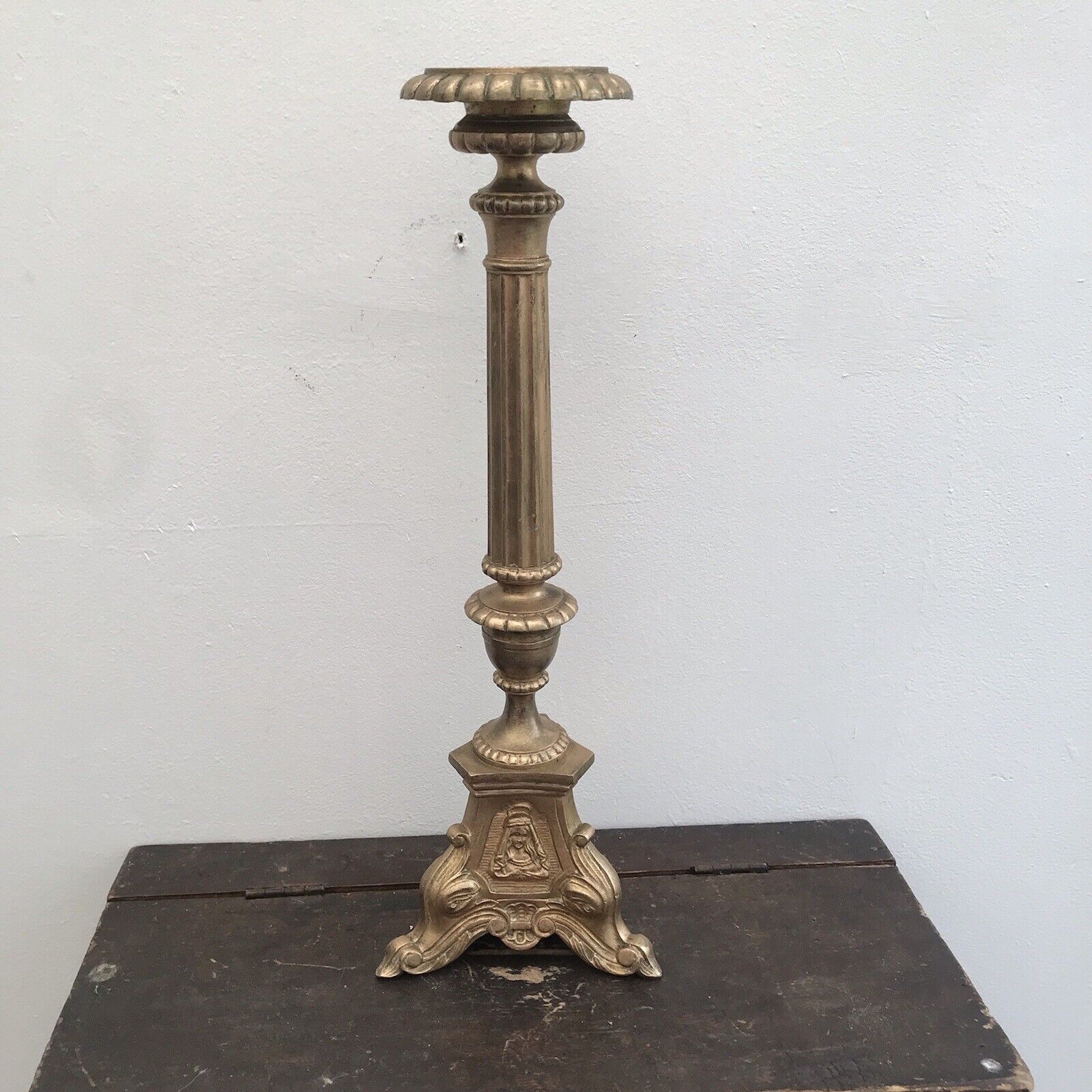 antique french Candle Stick Church Prick Brass Gold 14” holder gilt 3 altar