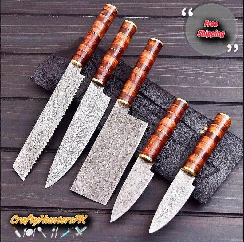 Damascus Steel Kitchen Knive Chef Set with Leather Cover Best Kitchen Item