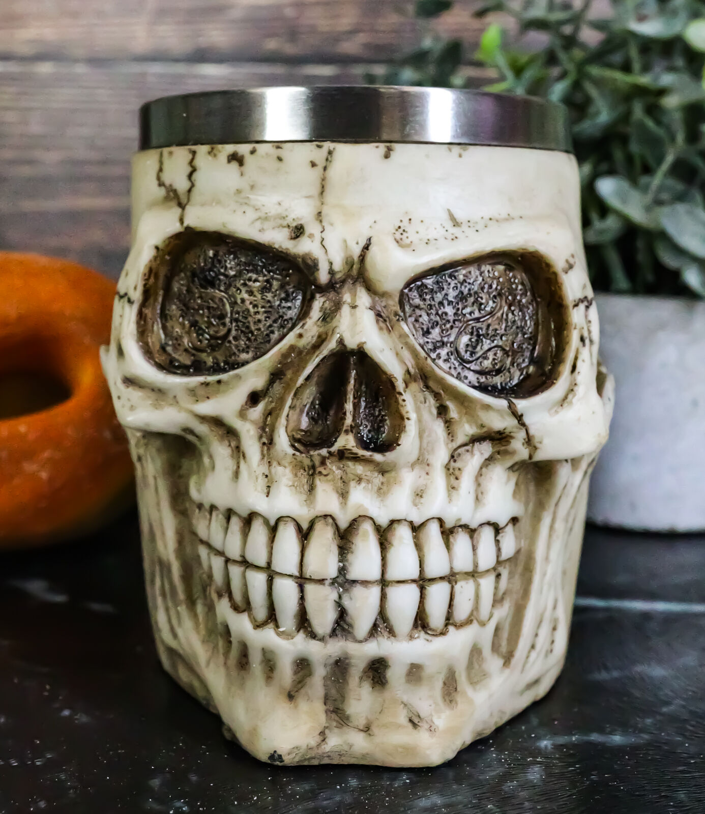 Ebros Alien Skull Coffee Mug Skeleton Resin Drinking Cup Stainless Steel Rim