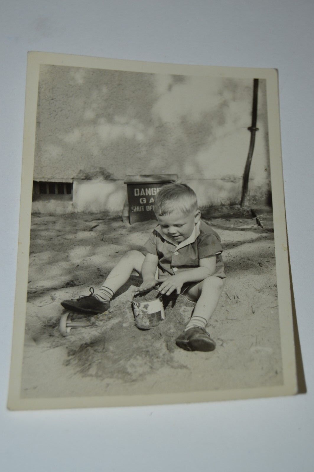 Vintage Child Playing In Sand Coffee Can Danger GAS Shut Off Valve Photo Rare