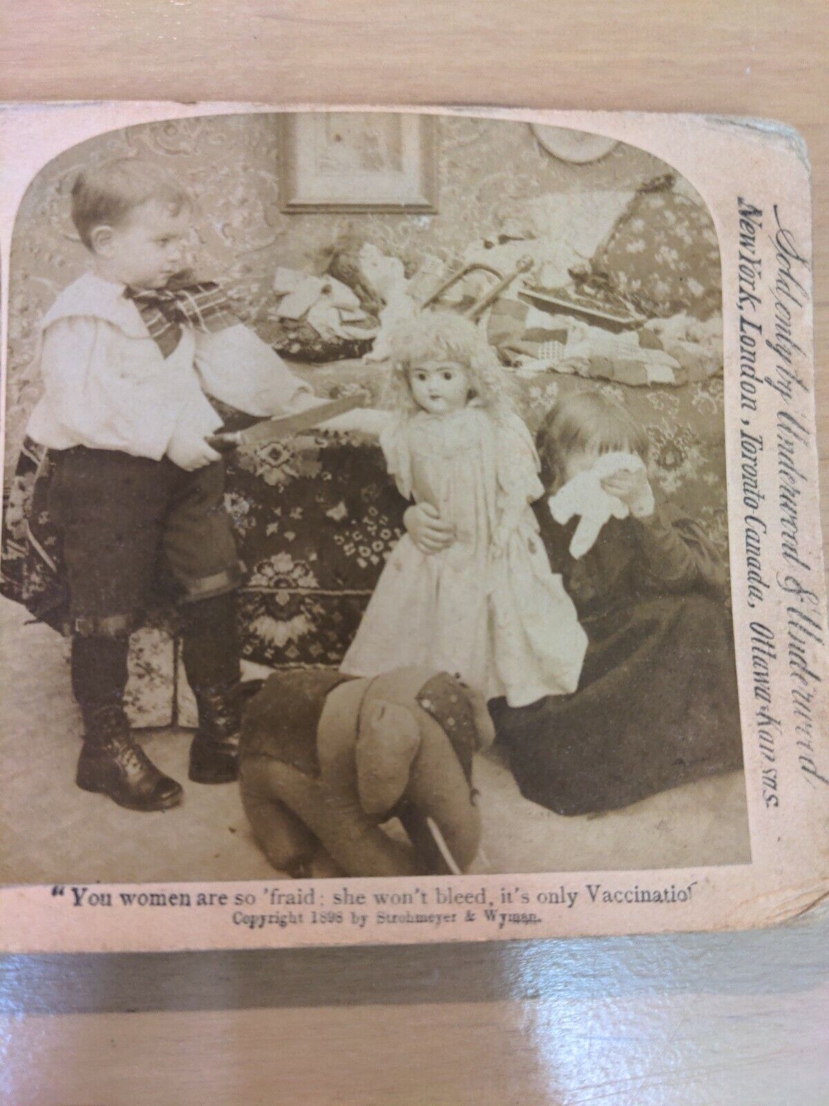 Underwood Stereoview Photograph 1898 Vaccination Humor Children & Doll 