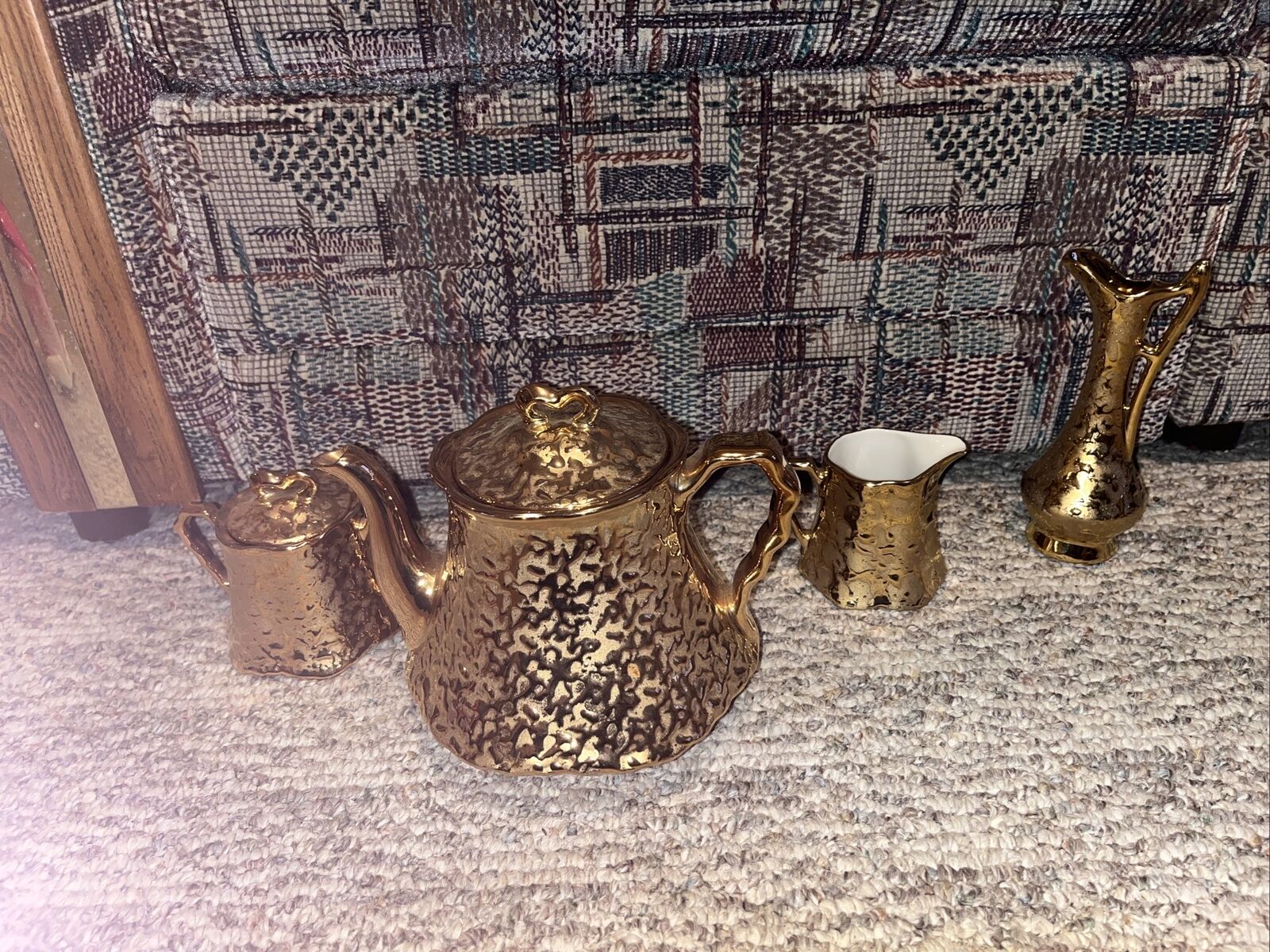 1960\'s 22kt Gold Teapot & Covered Sugar Bowl & Creamer by Dixon Art Studio/ Vase