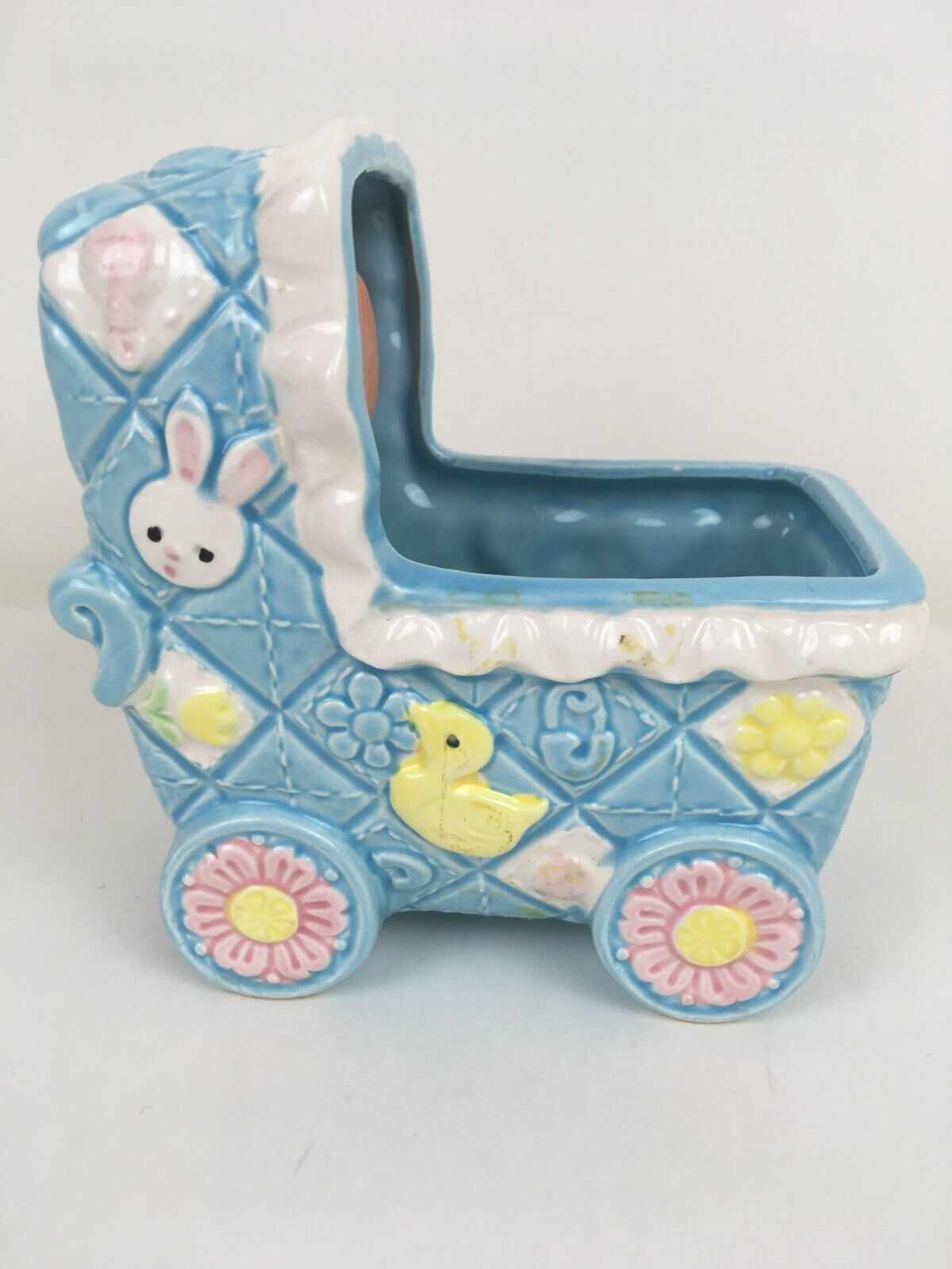 Vintage Ceramic Baby Buggy  Planter Japan Pull String Sayings Blue Bunny Ducks
