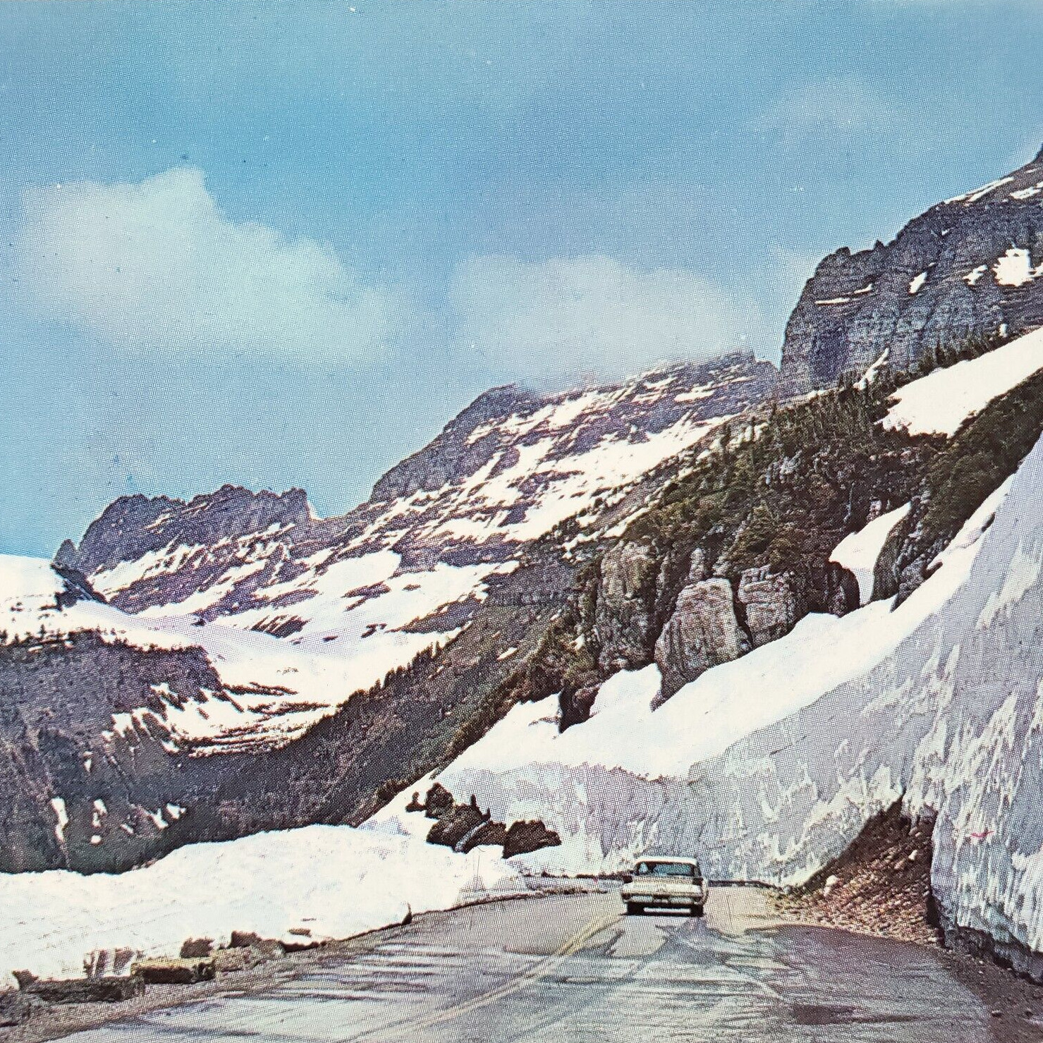 Going-to-the-Sun Road Postcard 1950s Glacier Park Montana Snow Old Car Art B1552
