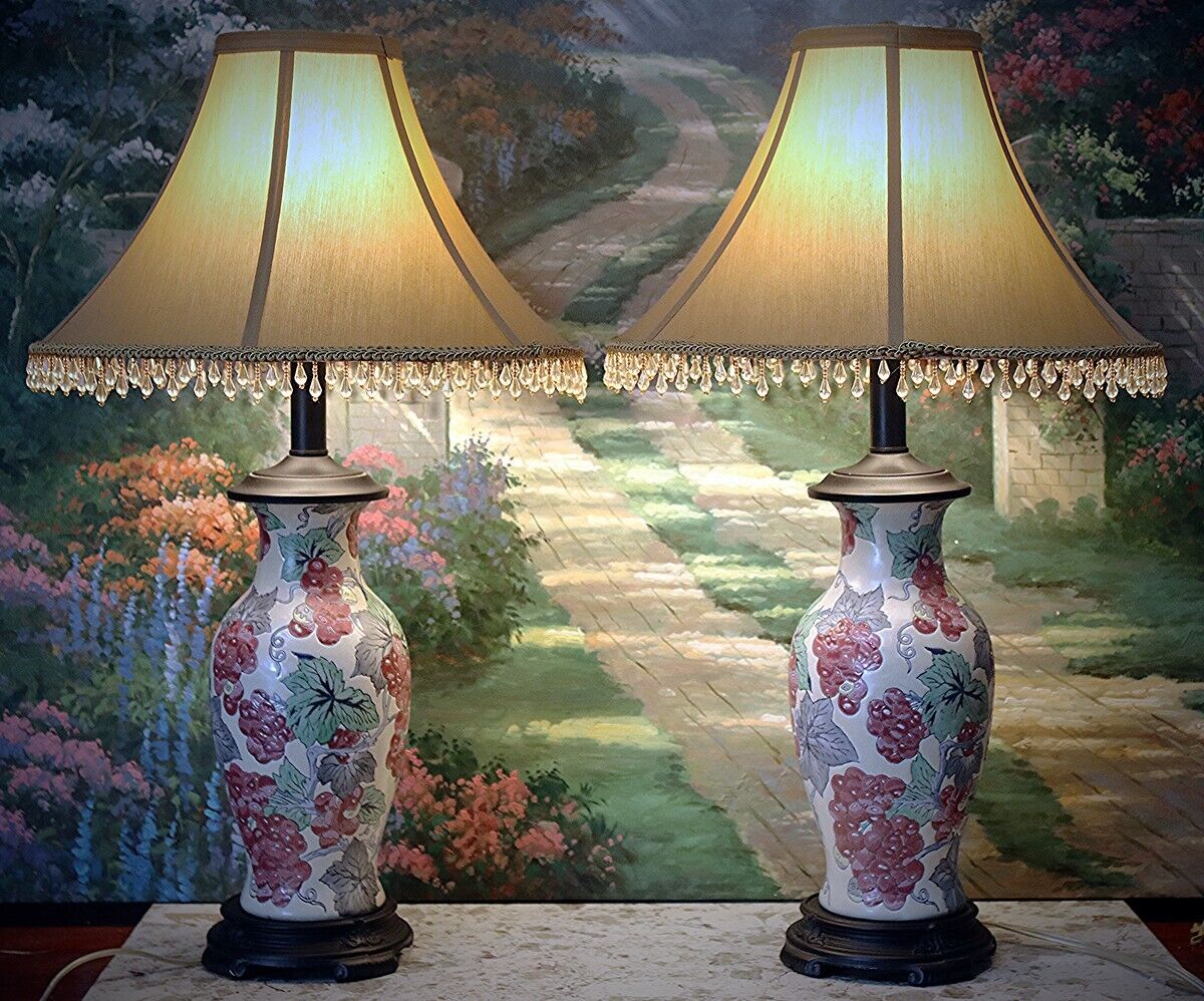 Vintage Oriental Asian Ceramic Table Lamps Pair with Beaded Shades 26\