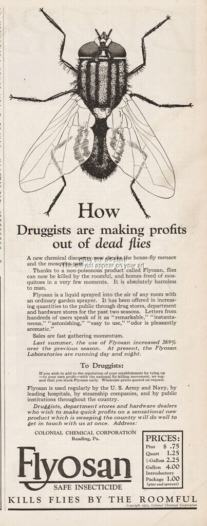 1922 Colonial Chemical Corp Reading PA Flyosan Insecticide Profits Dead Flies Ad