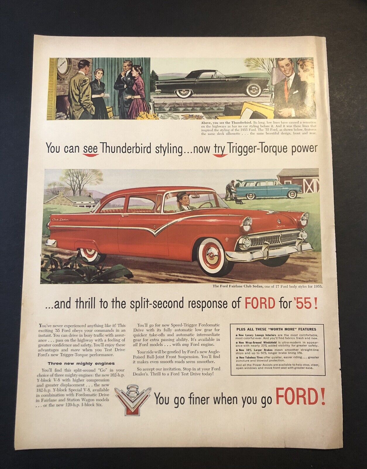 1950’s Ford Fairlane Club Sedan & Thunderbird Car Automobile Magazine Ad