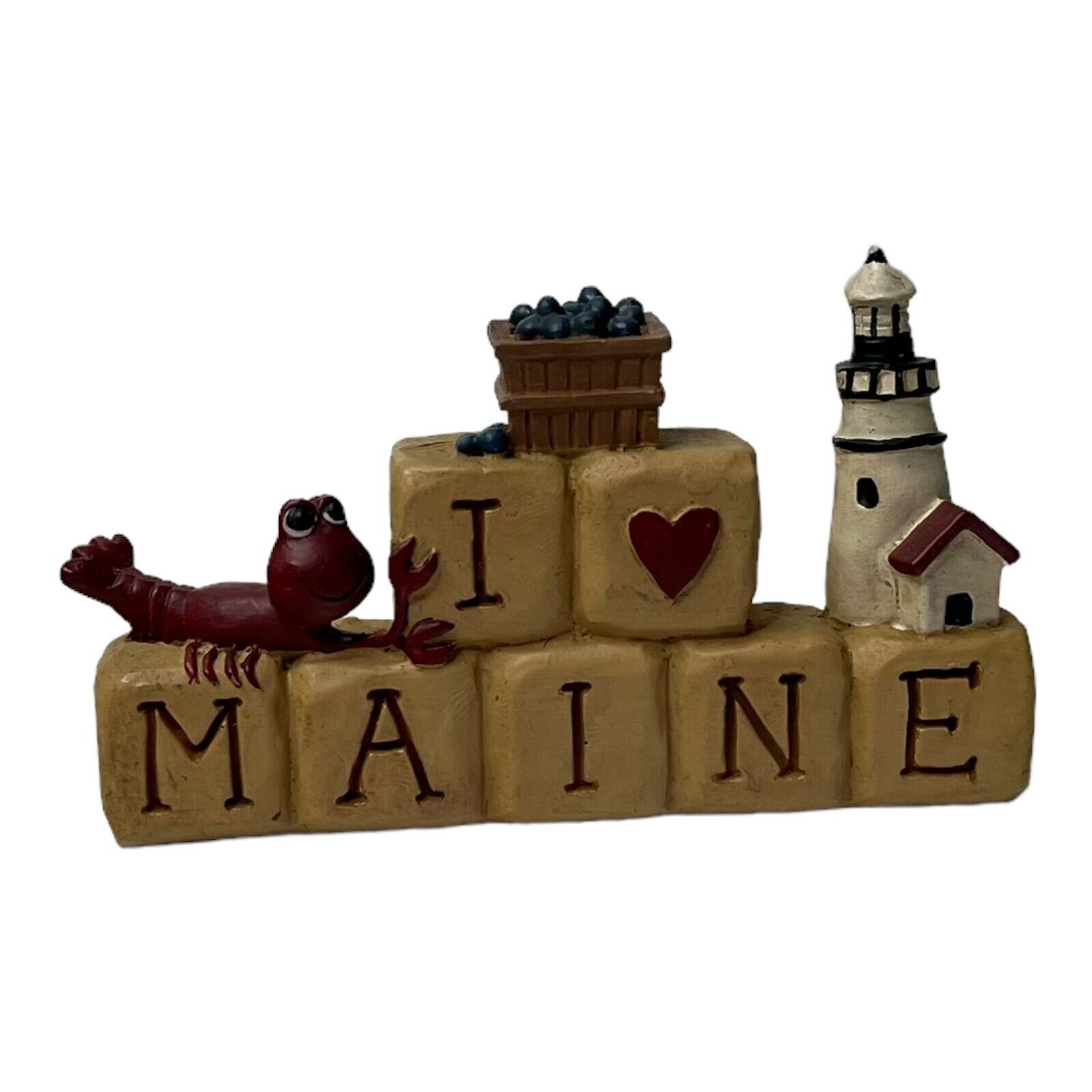 I Heart Love Maine 3 Inch Figurine with Lobster Blueberries Lighthouse