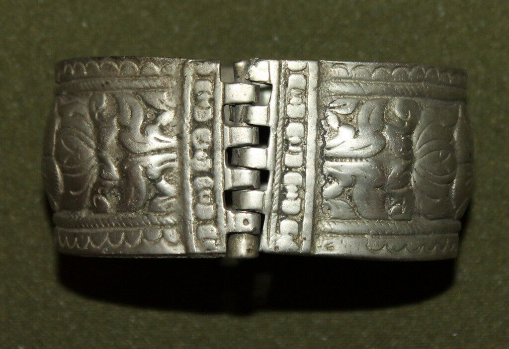 Antique Greek floral cuff hinged silver plated bracelet
