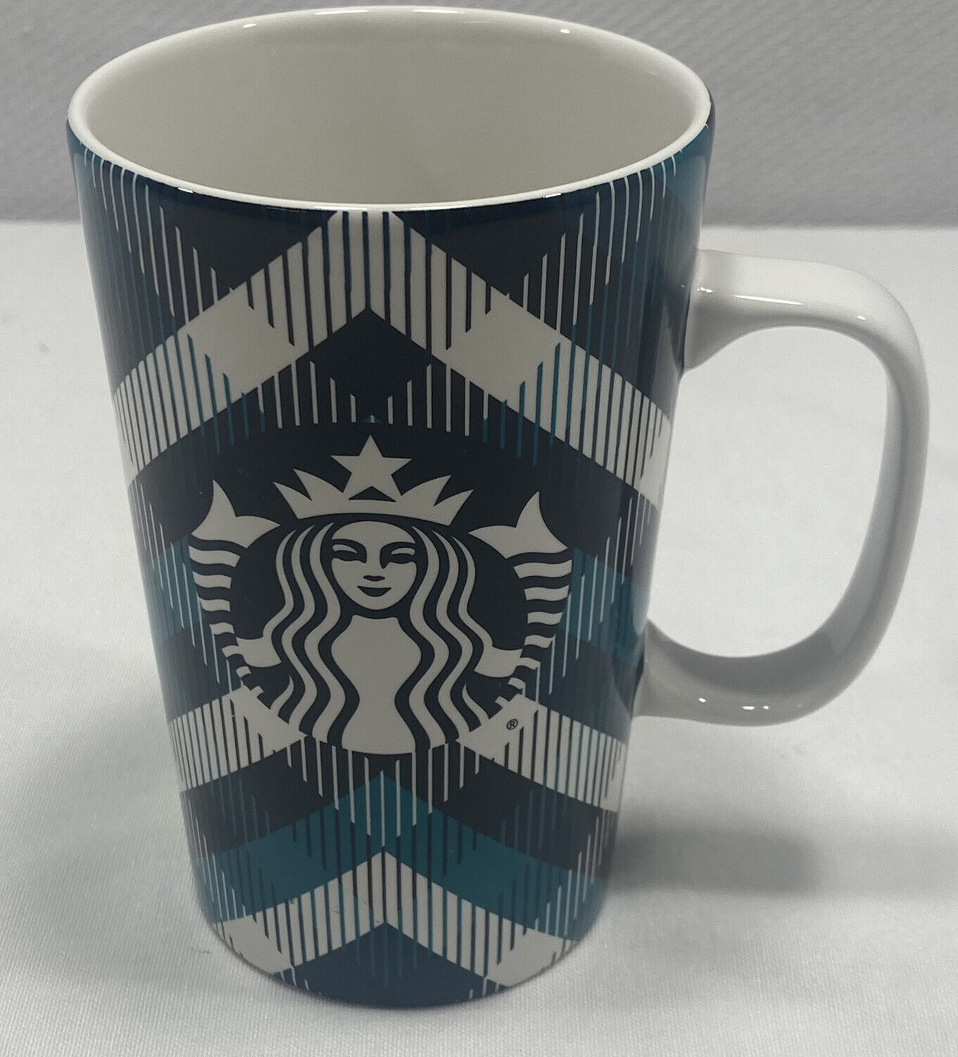 Retired 2016 Starbucks Logo On Plaid 16 oz Ceramic Mug EUC
