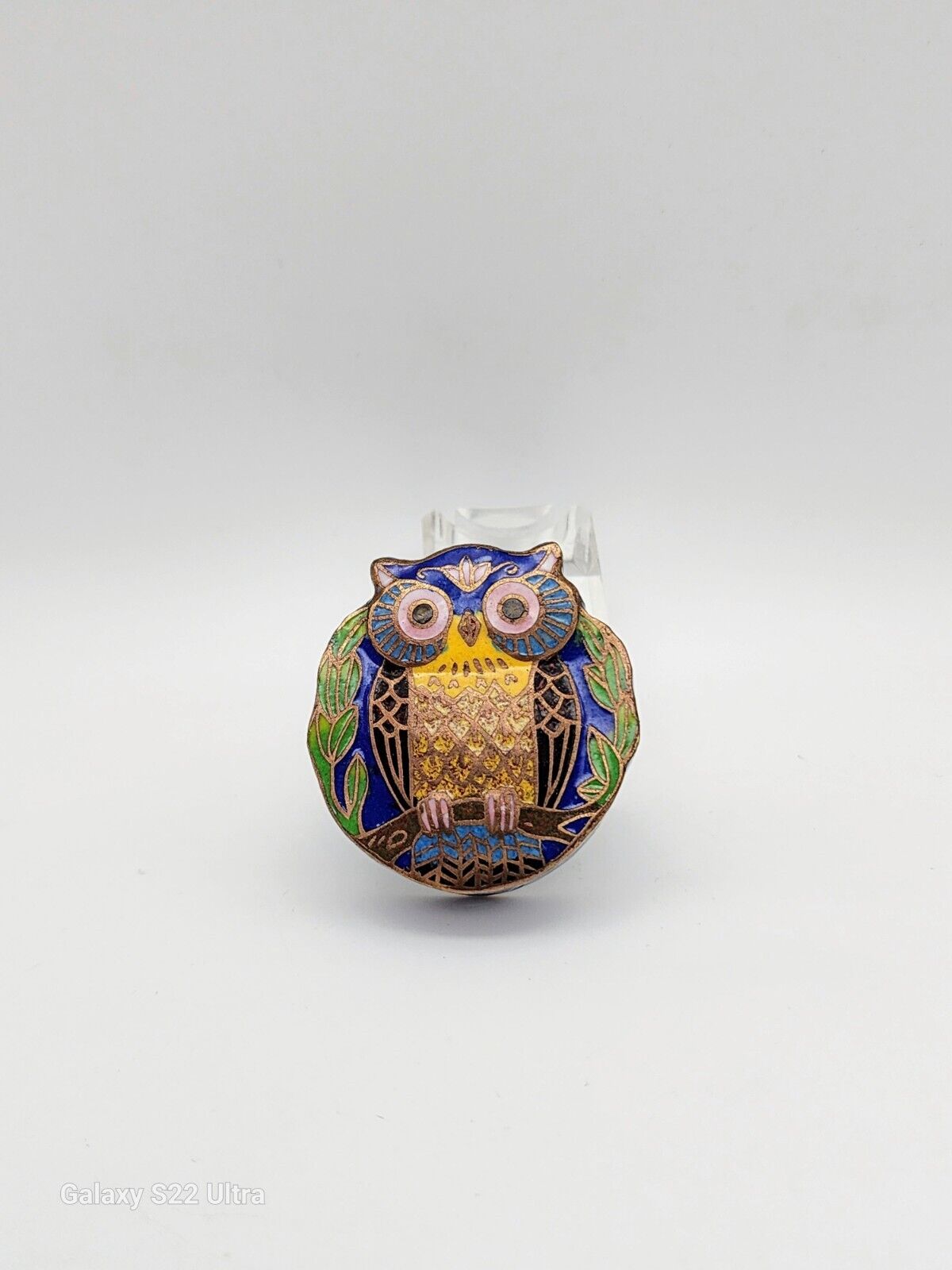 VINTAGE ANTIQUE CHINESE OWL ENAMELED CLOISONNE BRASS PILL/TRINKET/SNUFF BOX NICE