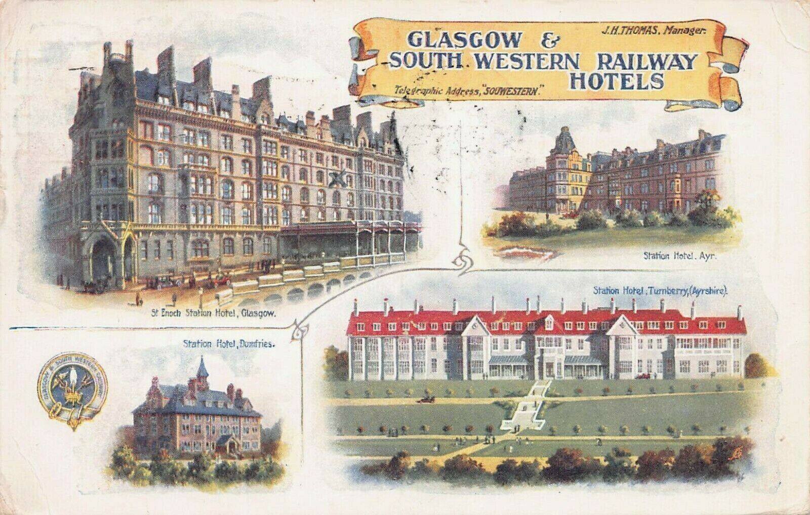 Glasgow & South Western Railway Hotels, Scotland, Early Postcard, Used in 1922