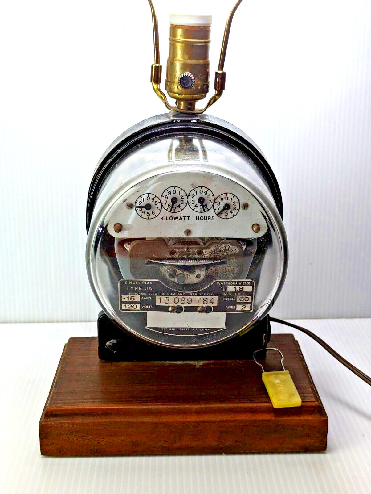 Vintage Sangamo Electric Meter Lamp Rotating Meter Wood base No Tamper clip