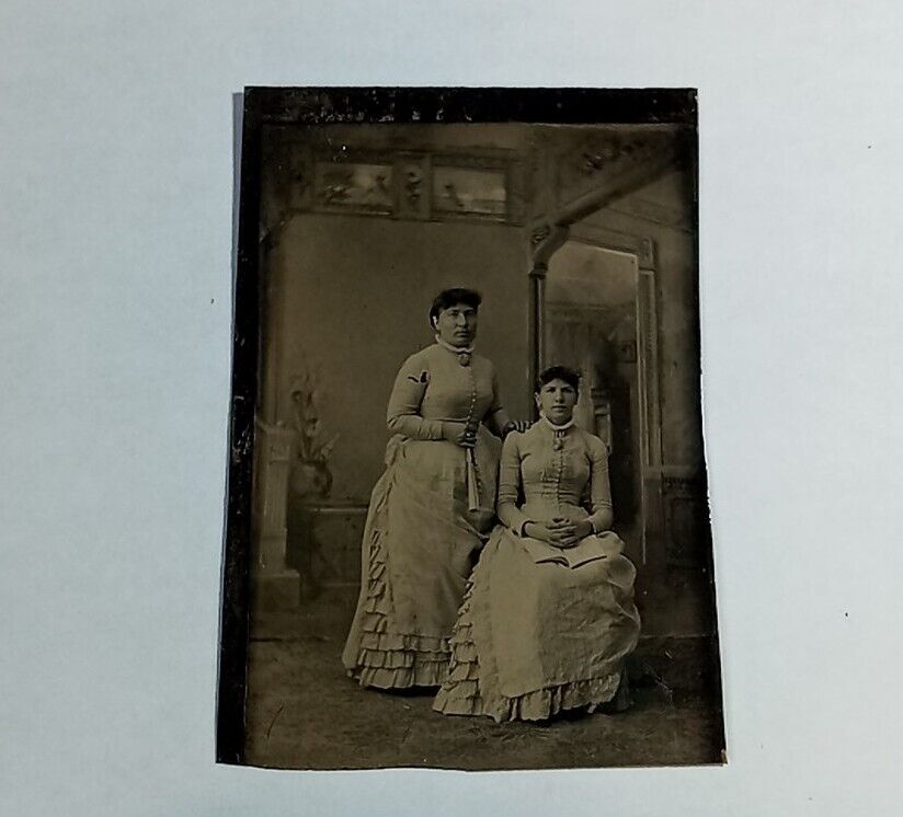 Vintage Antique Black & White Tintype Photograph - Two Ladies in White Dresses