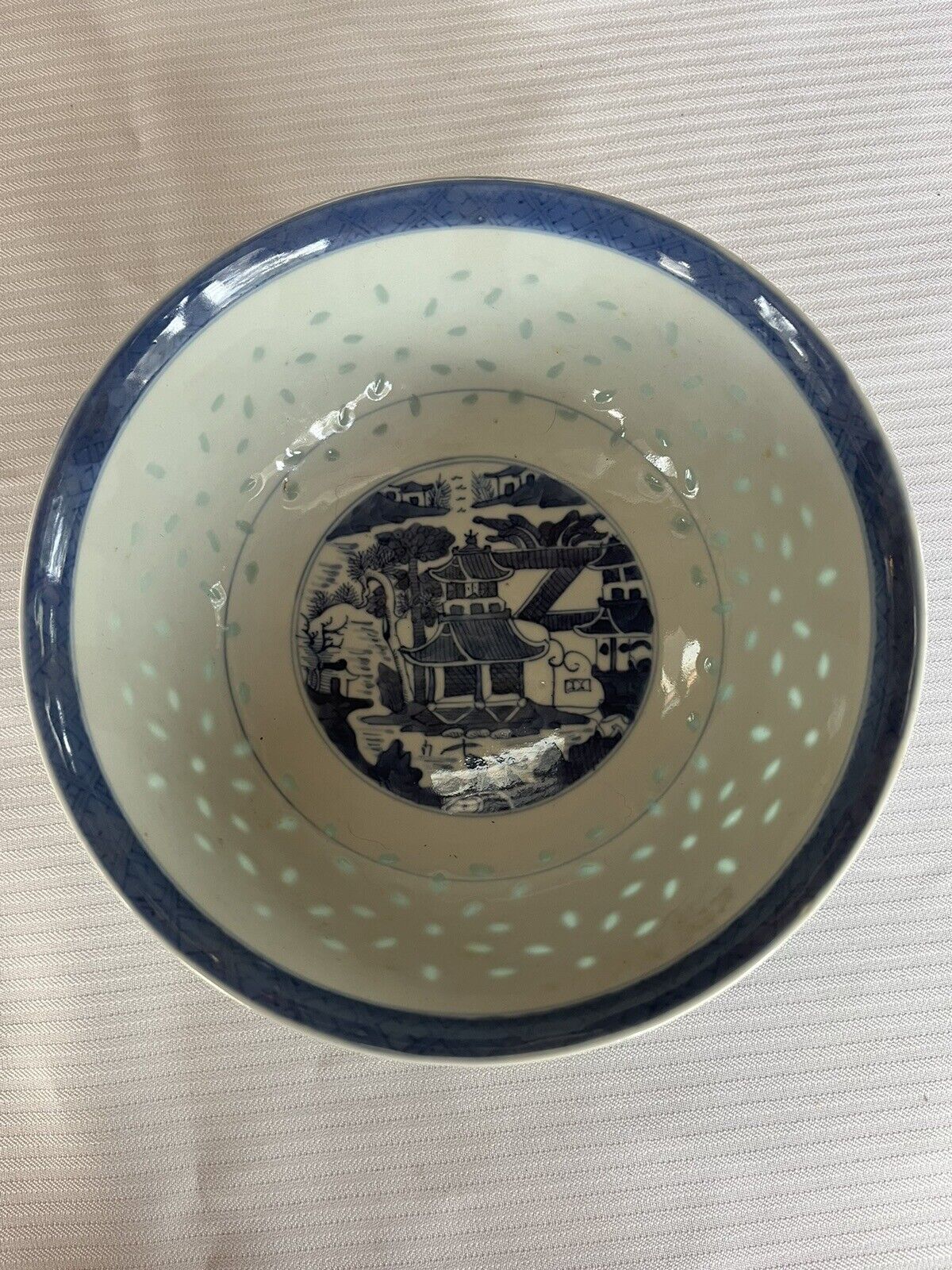 Antique Blue/White Chinese Rice Grain Serving Bowl 7.5” Landscape