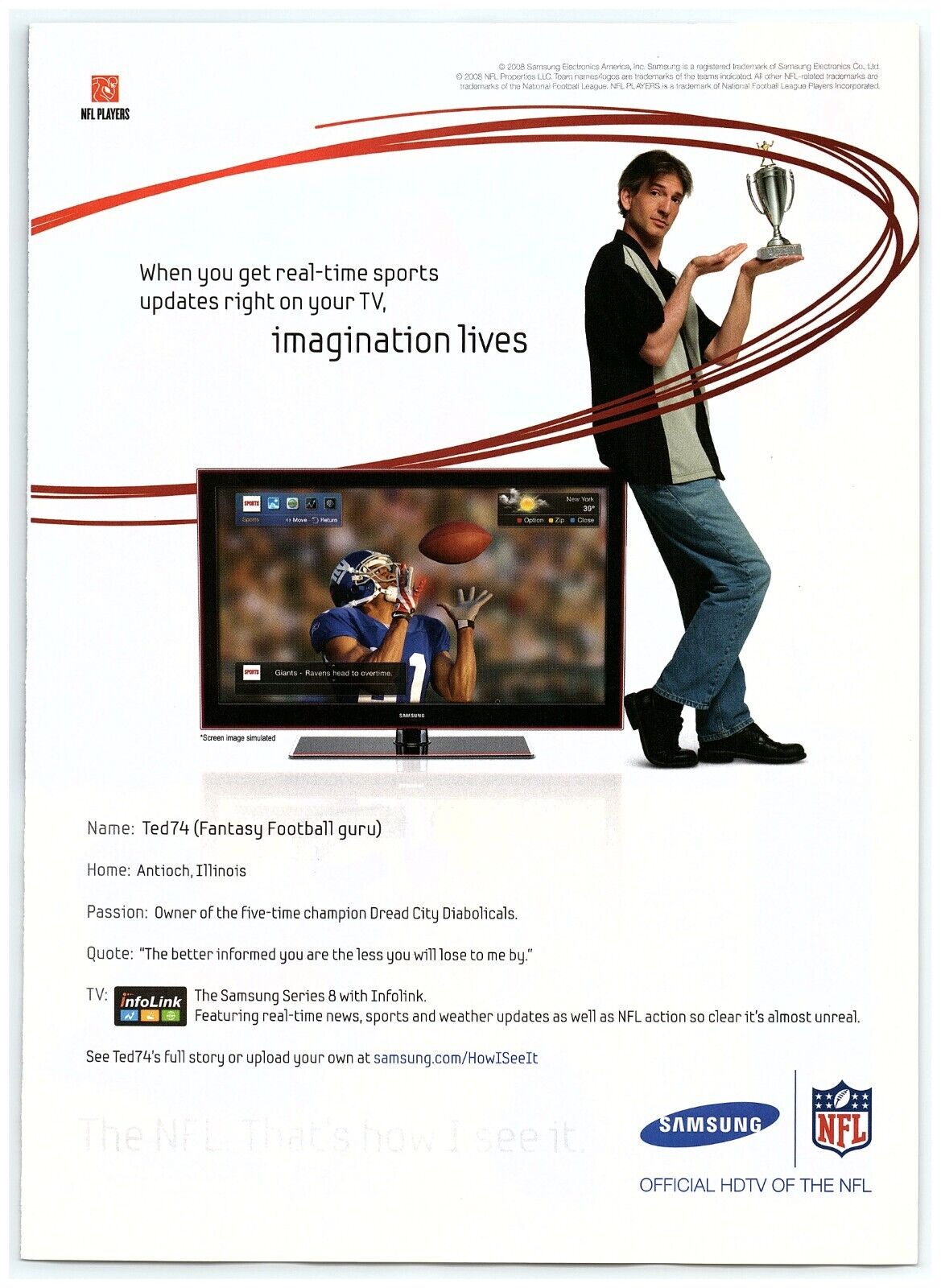 2008 Samsung Series 8 HDTV Print Ad, NFL Fantasy Football Guru Ted74 Antioch IL