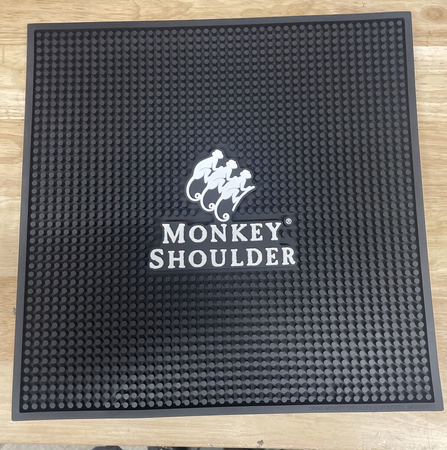 Monkey Shoulder Whiskey Logo Black Rubber 15 Inch Square Bar Spill Drink Mat