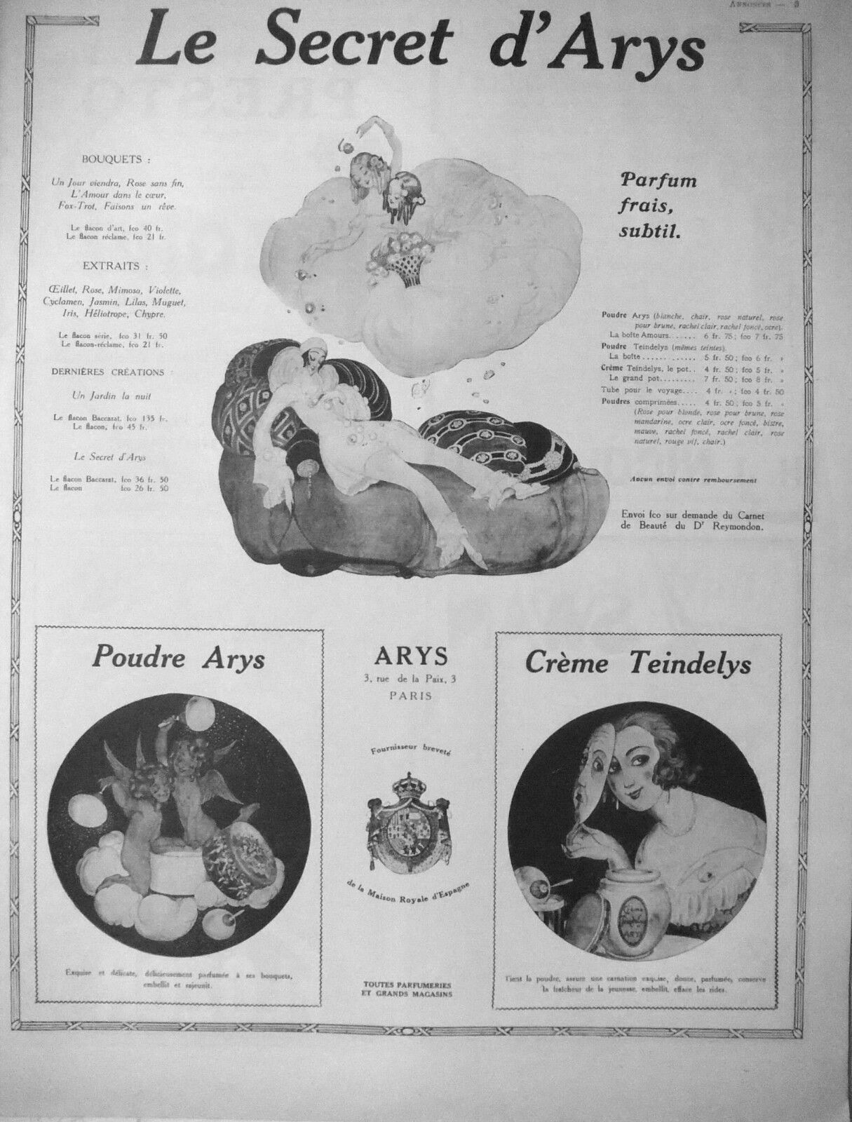 1922 THE SECRET D\'ARYS PRESS ADVERTISEMENT FRESH PERFUME SUBTLE POWDER & CREAM