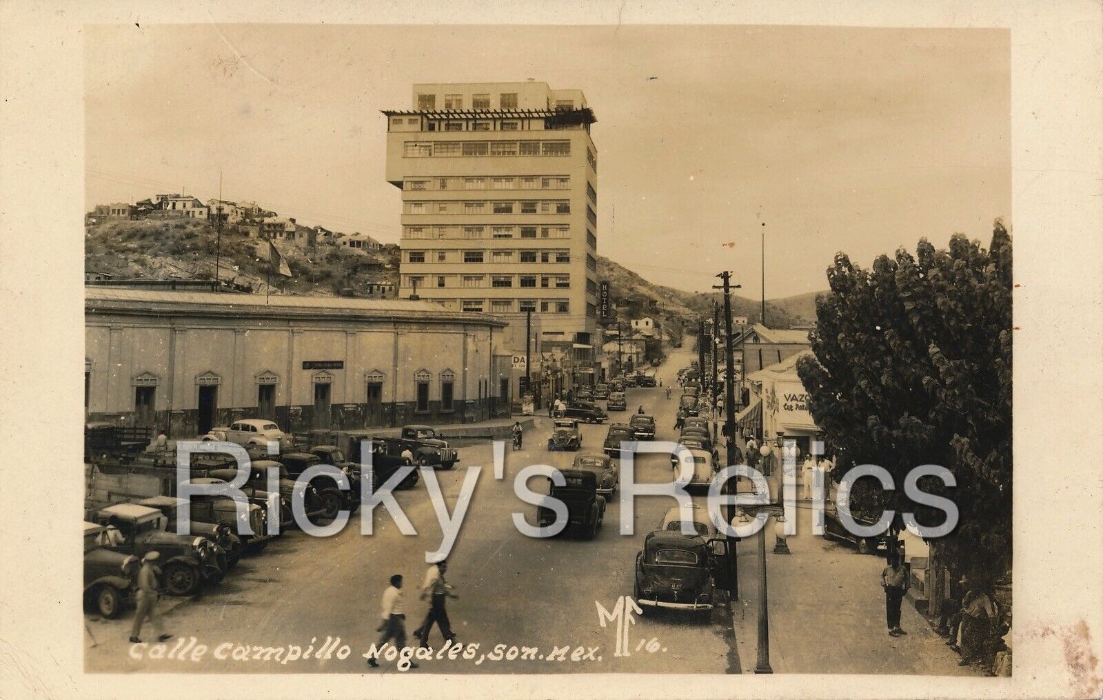 B&W RPPC Calle Campillo Nogales Sonora Bull Ring Street Scene 1940s Mexico