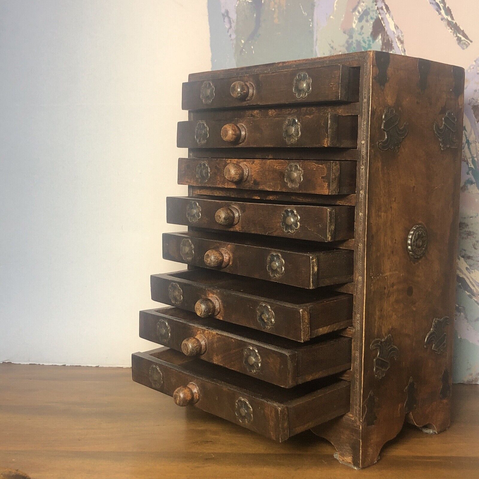 Antique Hindu Asian 8 Drawer Solid Wood Metal Jewelry Spice Organizer RARE