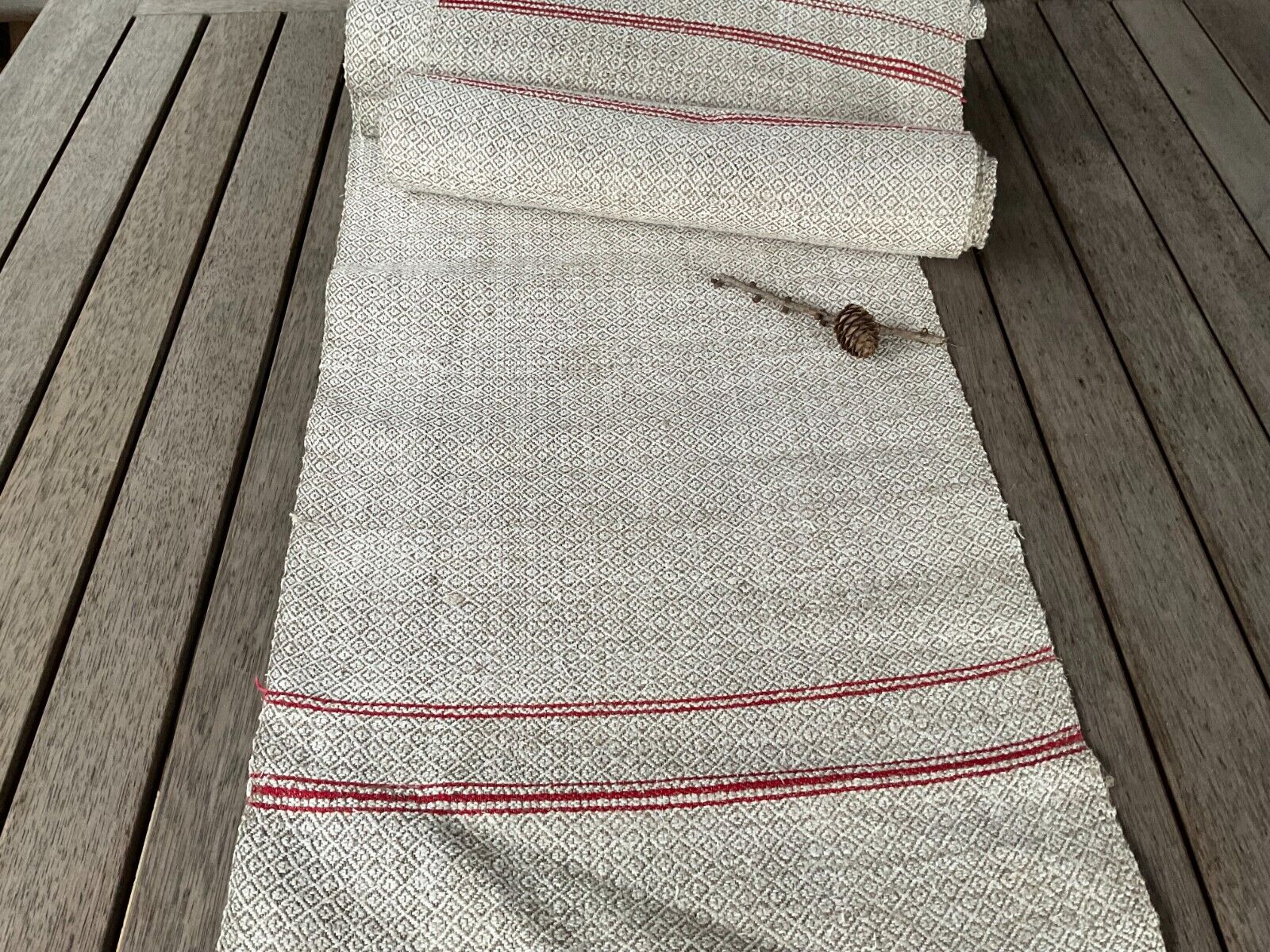 Antique Handwoven Linen Towel Table Runner Old Homespun Fabric Red Stripes