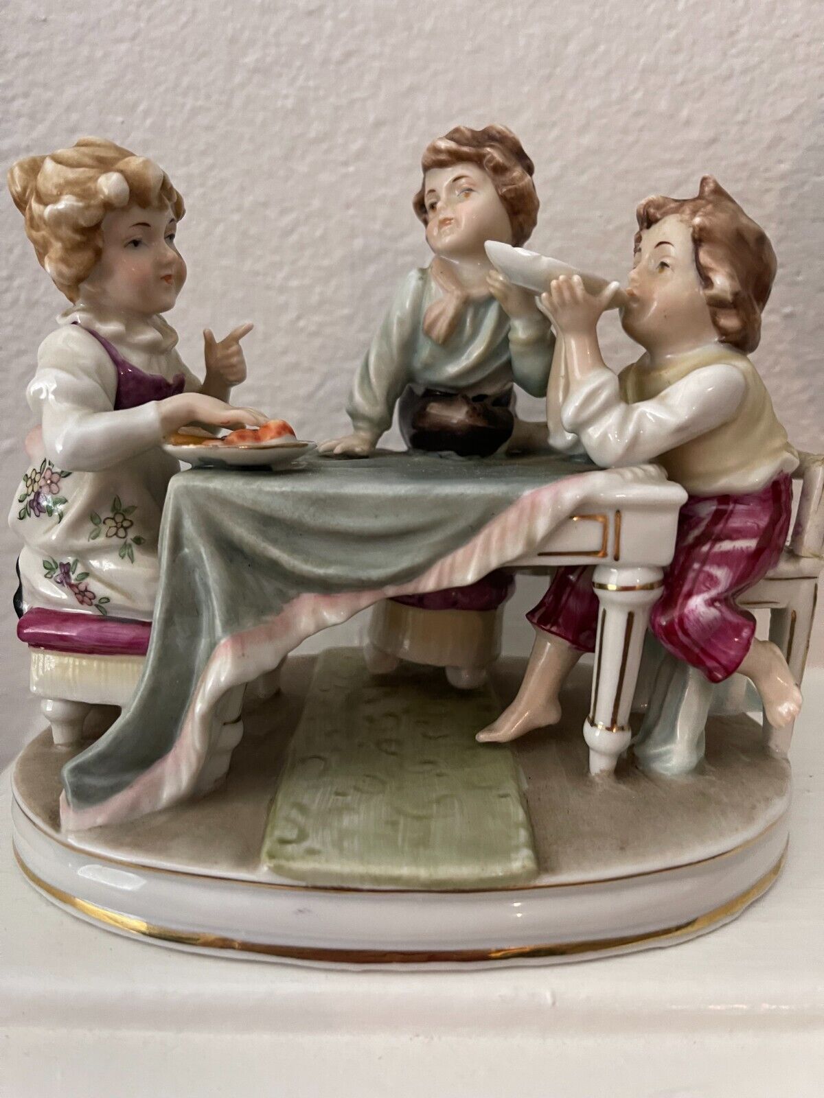  Porcelain Figurine 5.5 - Vintage Children At Table Eating like Scheibe Alsbach