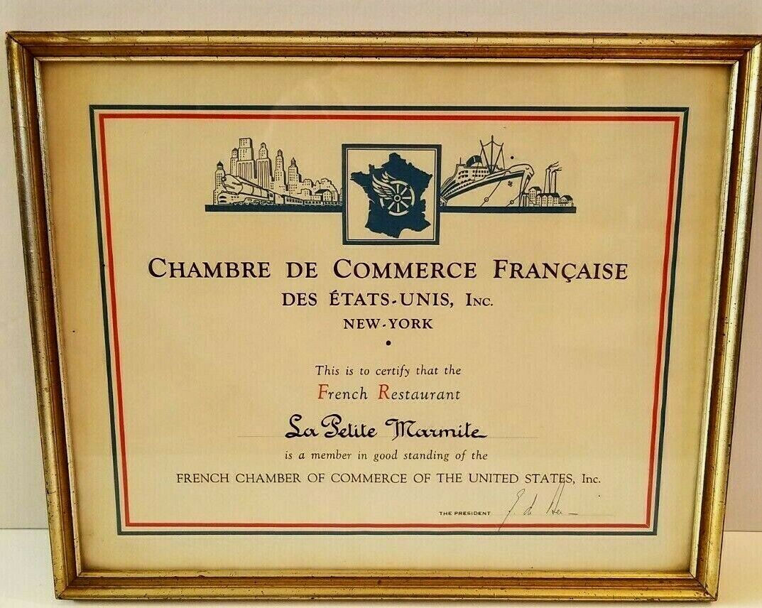 Rare Vintage La Petite Marmite Restaurant  U.S.Chamber of Commerce Certificate 