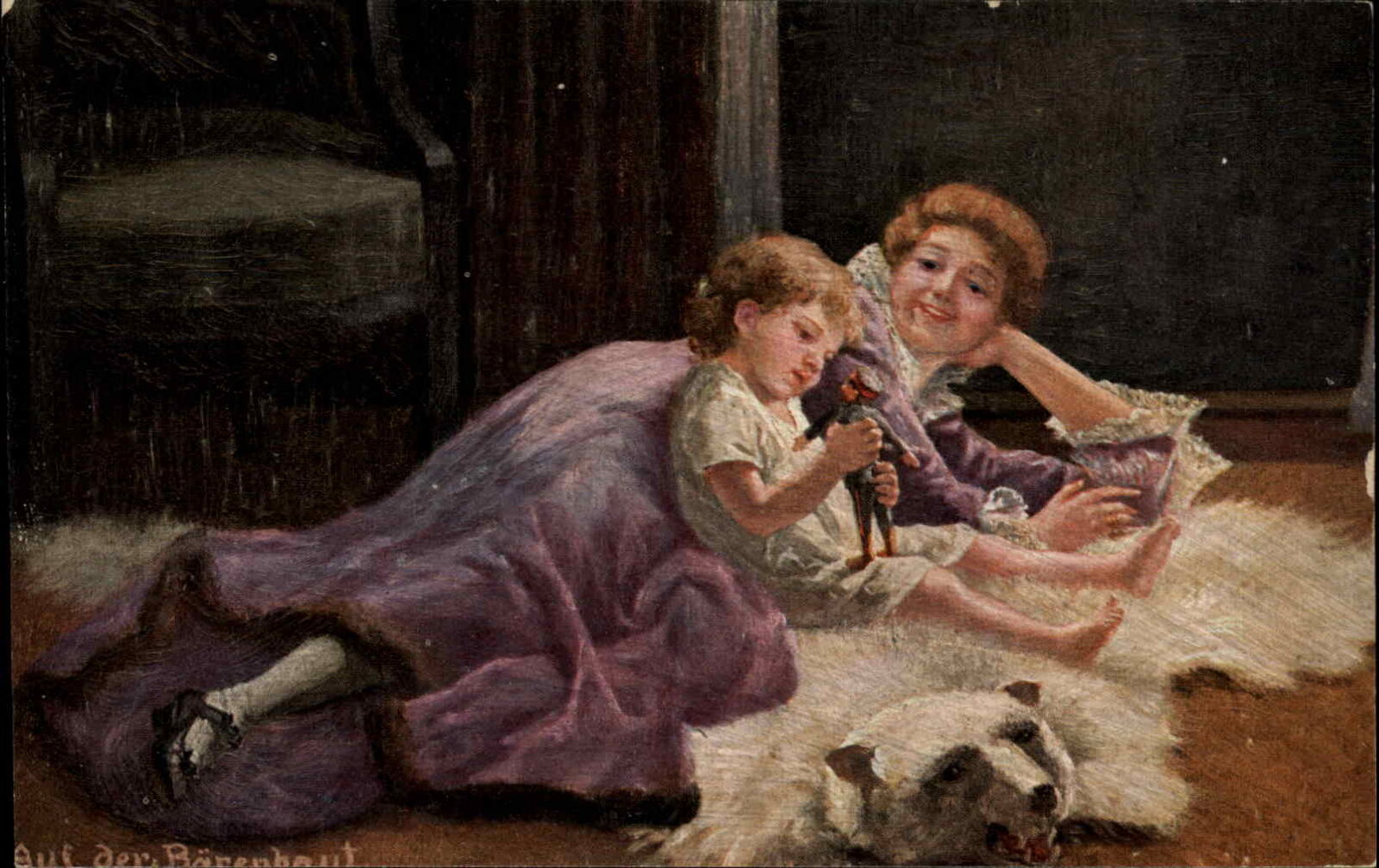 Mother & Daughter Play Doll Polar Bear Skin Rug H. Gitter c1910 Postcard