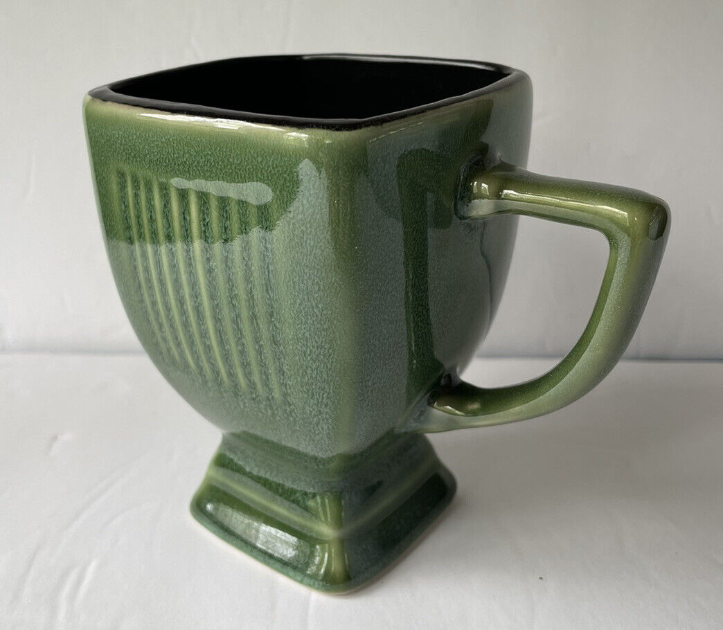 Retroneu Green Footed Square Ceramic Mug Black Matte Interior EUC 4.5 In EUC