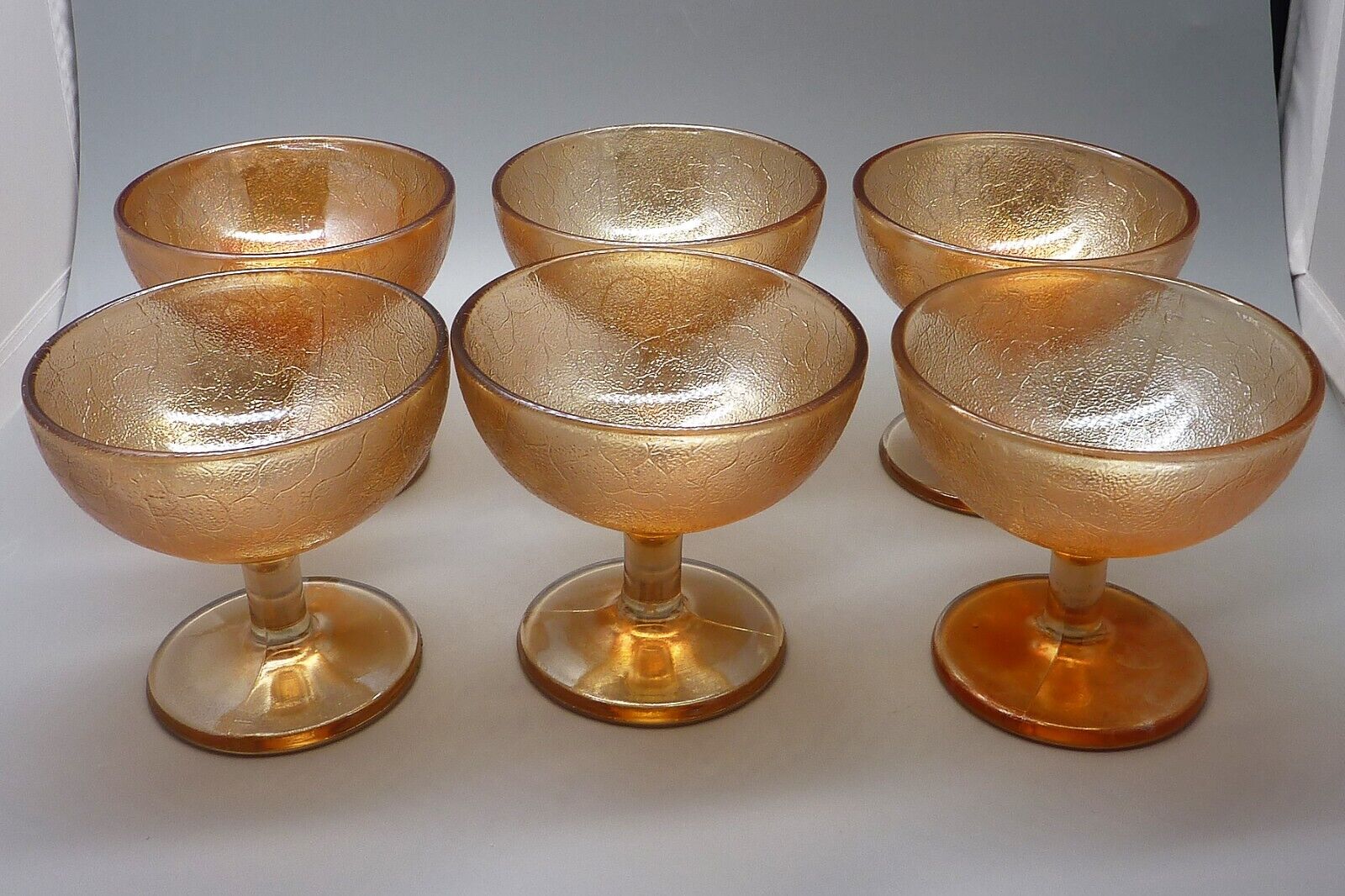 Set of 6 Vintage Marigold Jeannette Crackle Sherbert / Champagne Carnival Glass