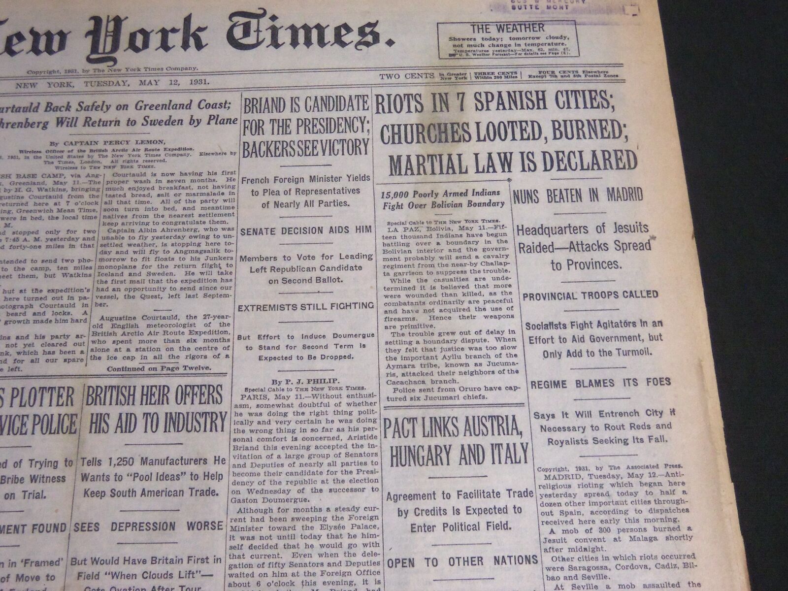 1931 MAY 12 NEW YORK TIMES - RIOTS IN 7 SPANISH CITIES CHURCHES BURNED - NT 6681