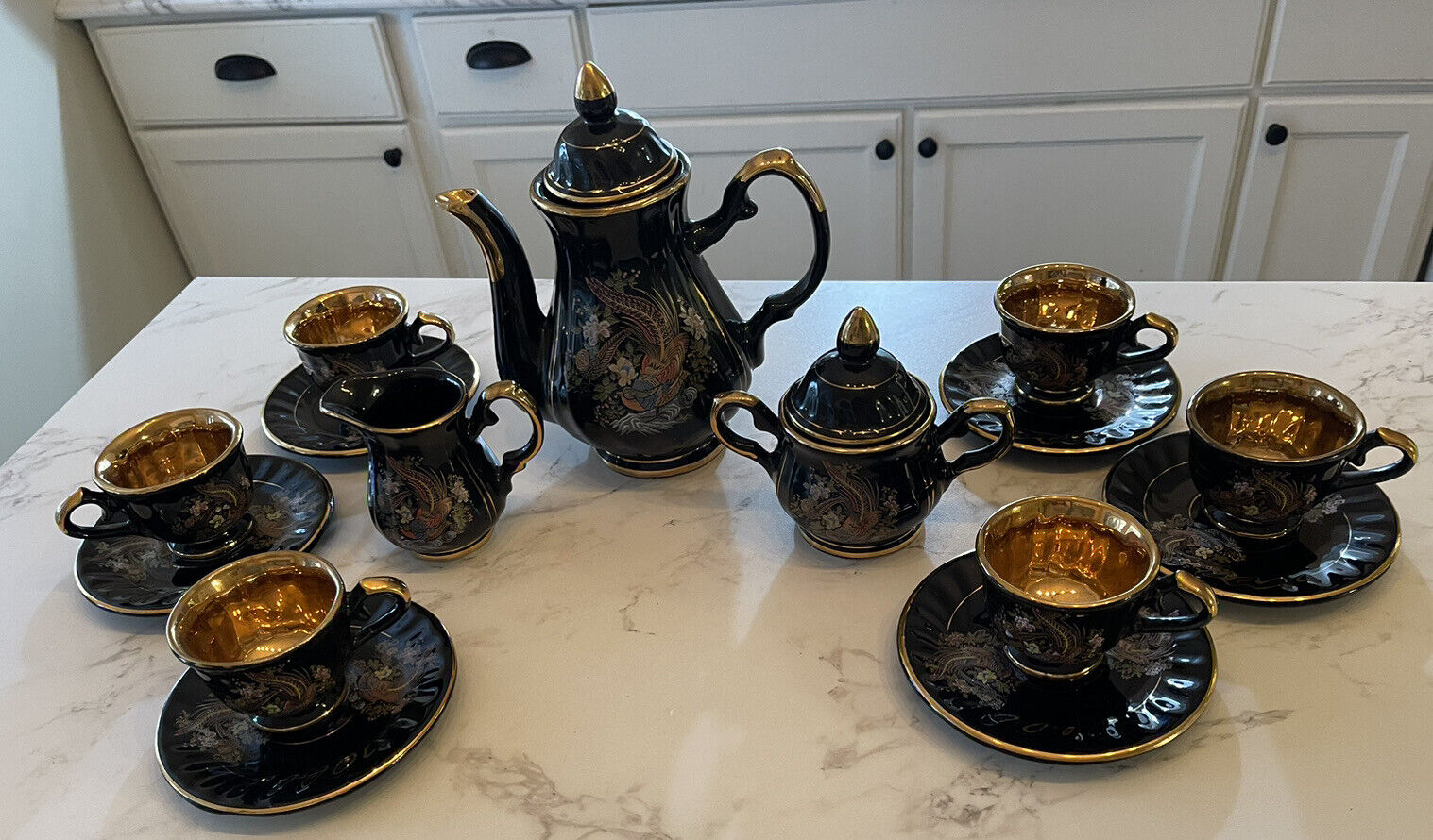 Estel Gold Plated Coffee Tea Set For Neiman Marcus Black Oriental Bird 15 RARE