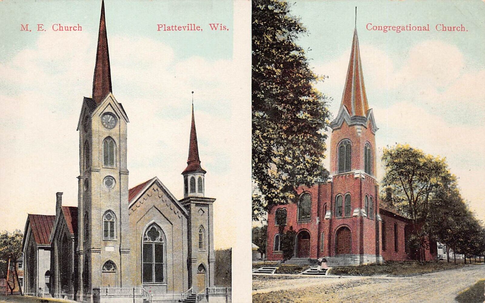 Platteville Wisconsin Downtown Church Methodist Congregational Vtg Postcard B35