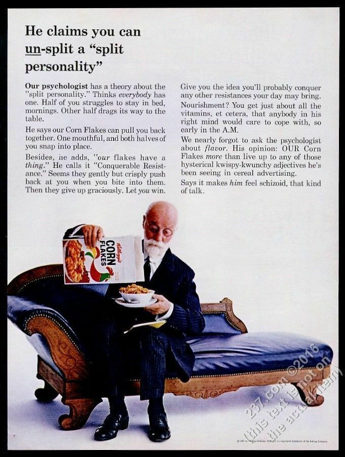 1967 Sigmund Freud-like psychologist chaise photo Kellogg\'s Cork Flakes print ad