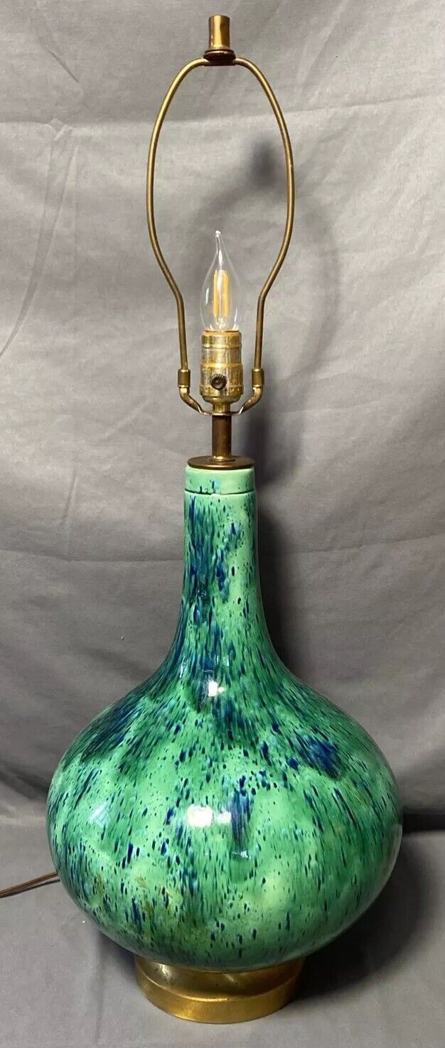 Vintage Mid Century Modern Green Blue Ceramic Table Lamp Drip Glaze Bottle Neck