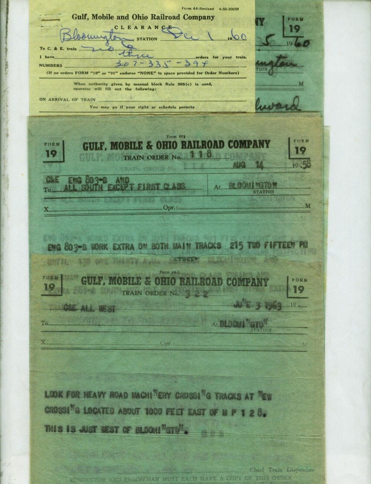 GULF, MOBILE & OHIO GM&O TRAIN ORDERS (16) BLOOMINGTON, ILLINOIS  1958-1971.