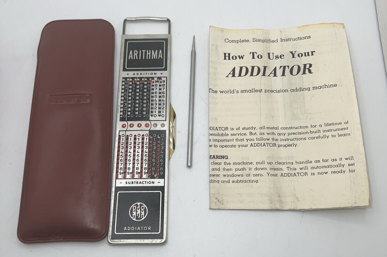 Vintage Arithma Addiator Calculator With Case, Stylus And Instructions