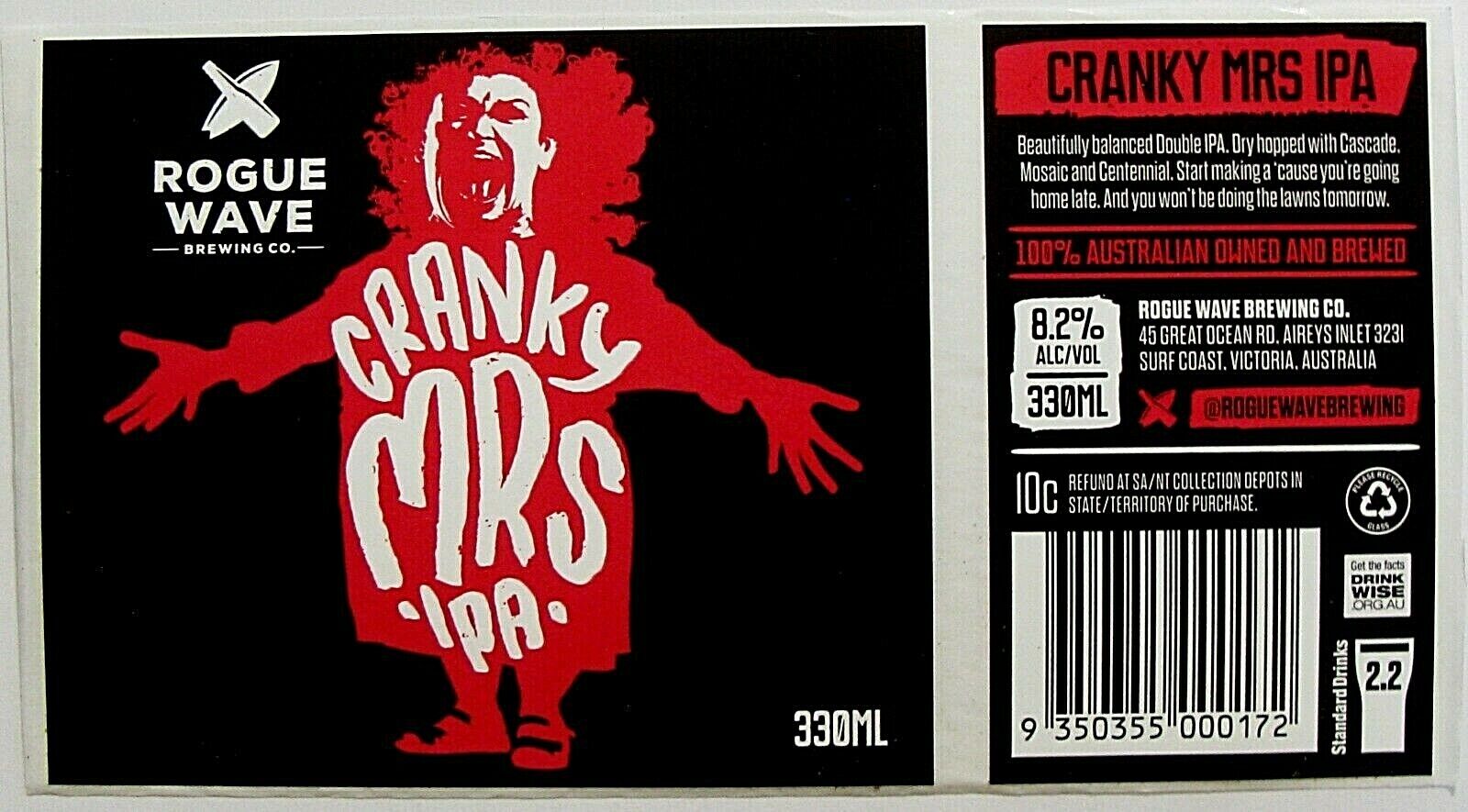 Rogue Wave Brewing CRANKY MRS IPA beer label AUSTRALIA 330ml STICKER with Back