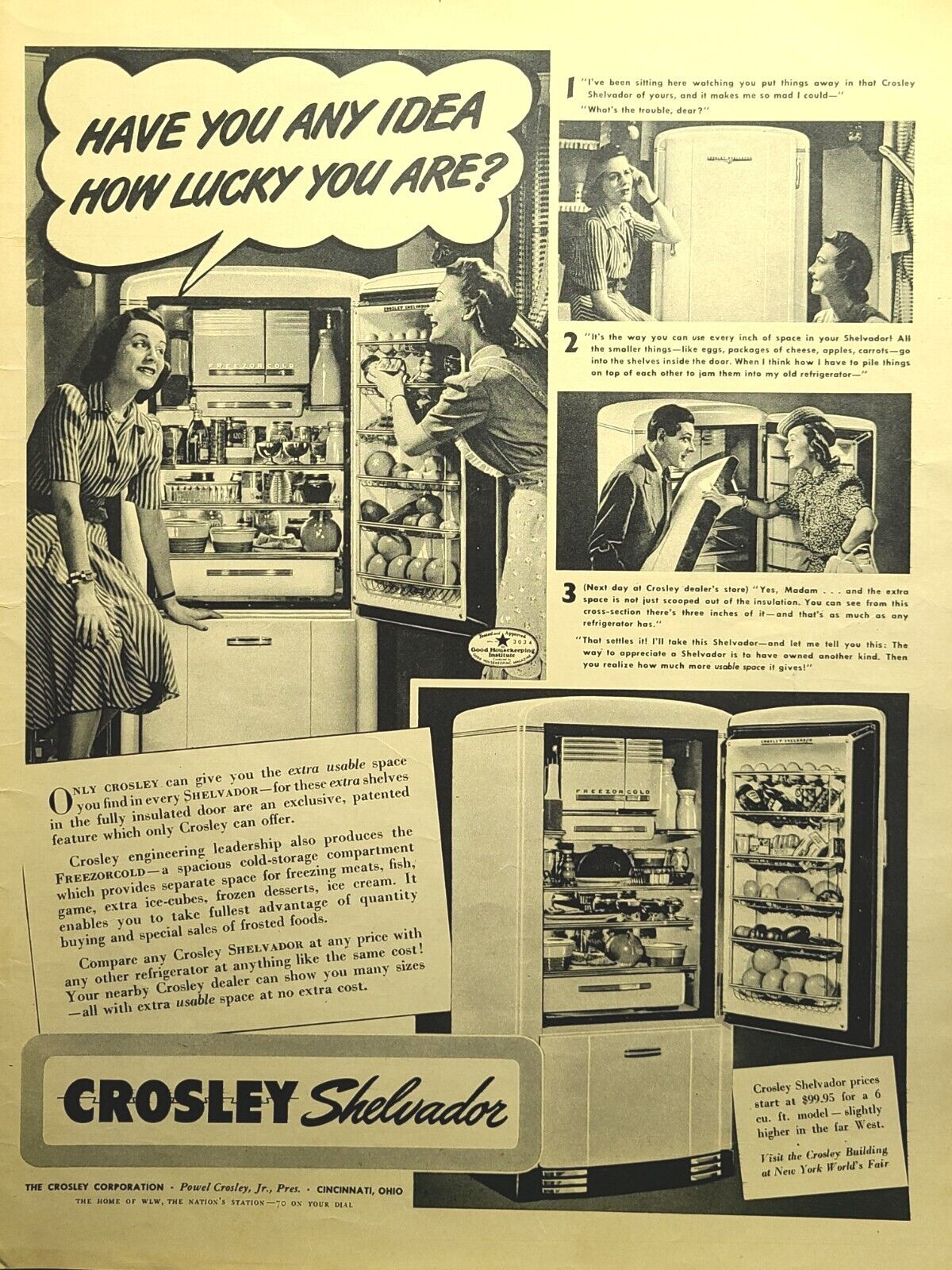 Crosley Shelvador Refrigerator Freezer Lucky Family Vintage Print Ad 1940