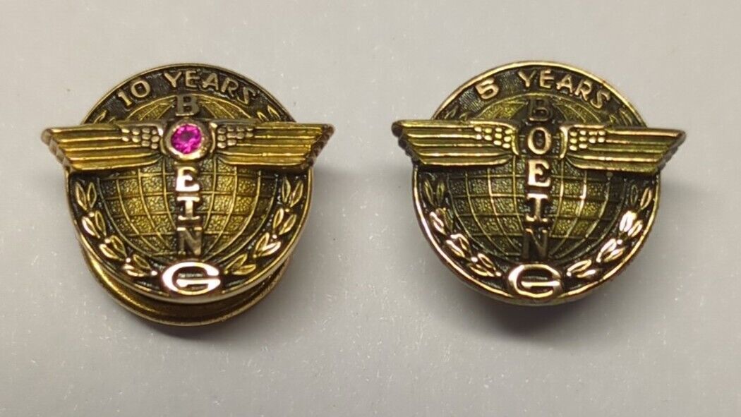 Boeing 10 Year Ruby 10K Solid Gold Lapel Pin W/ 5 Year 10K Gold Pin Lot 2 VTG