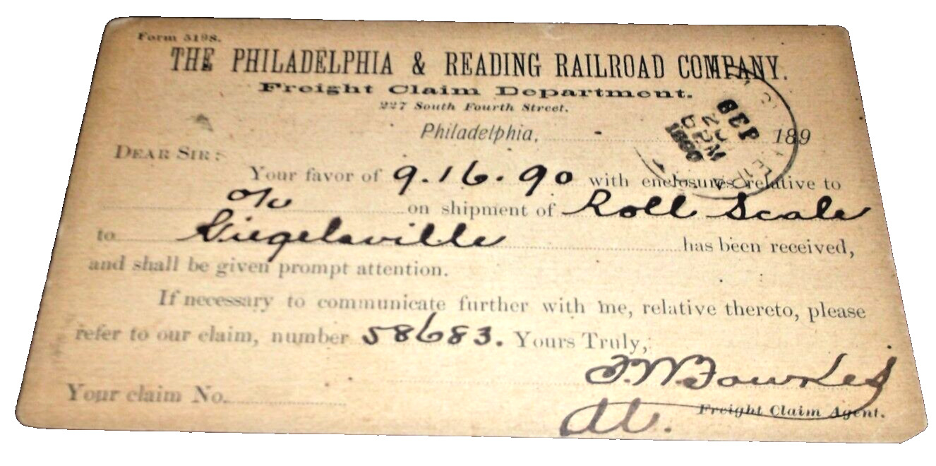 SEPTEMBER 1890 PHILADELPHIA &  READING FREIGHT CLAIM POST CARD