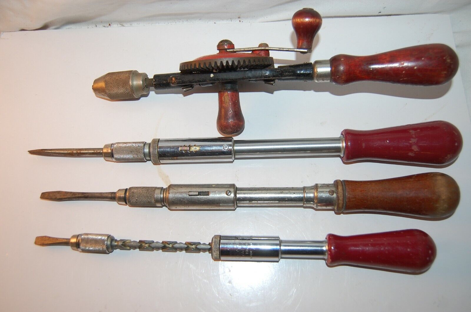 4 Vintage Wood Hand Drills  Screwdrivers MILLERS FALLS AND STANLEY