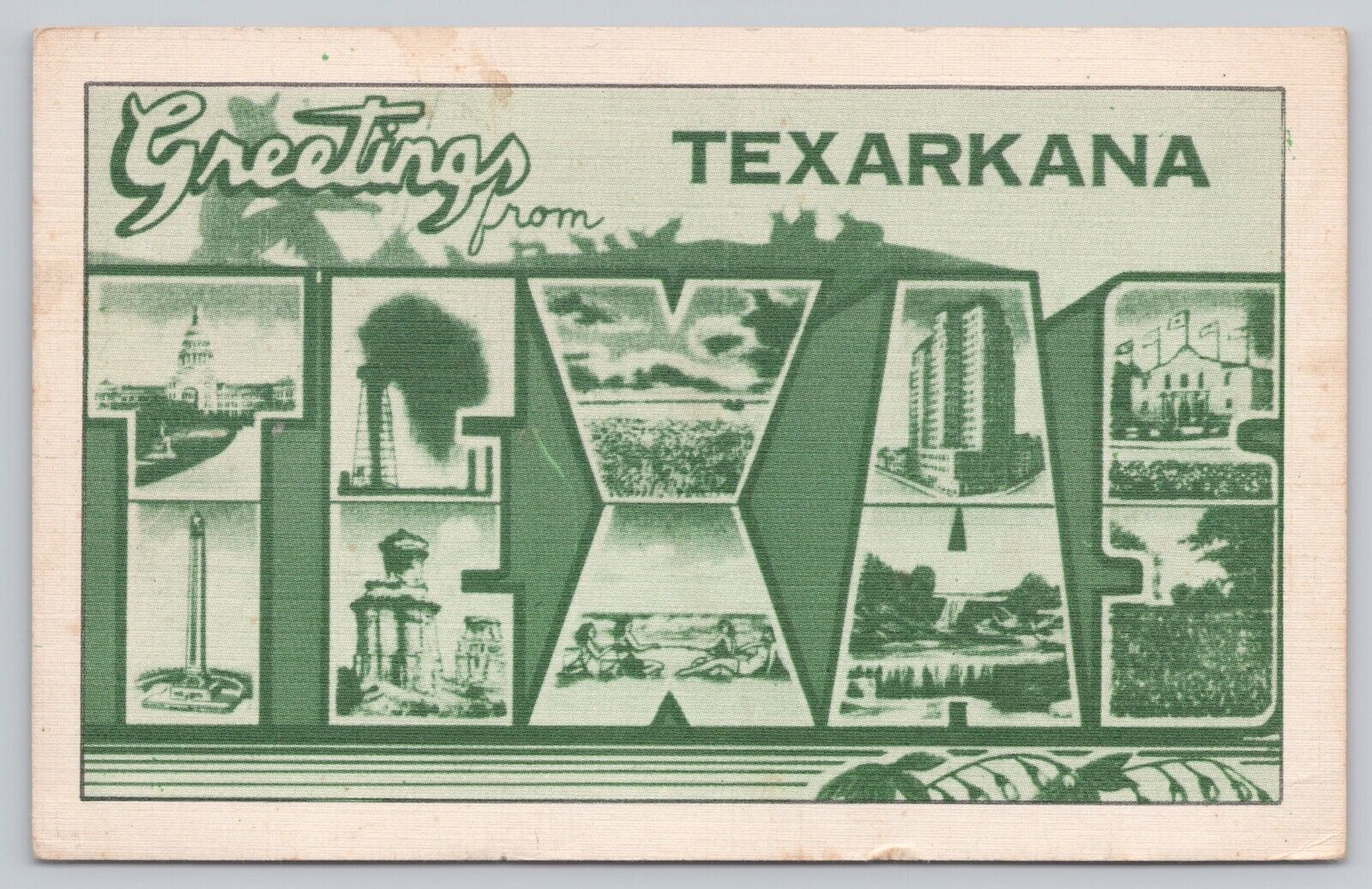 Texarkana Texas, Large Letter Greetings ALL GREEN RARE, Vintage Postcard