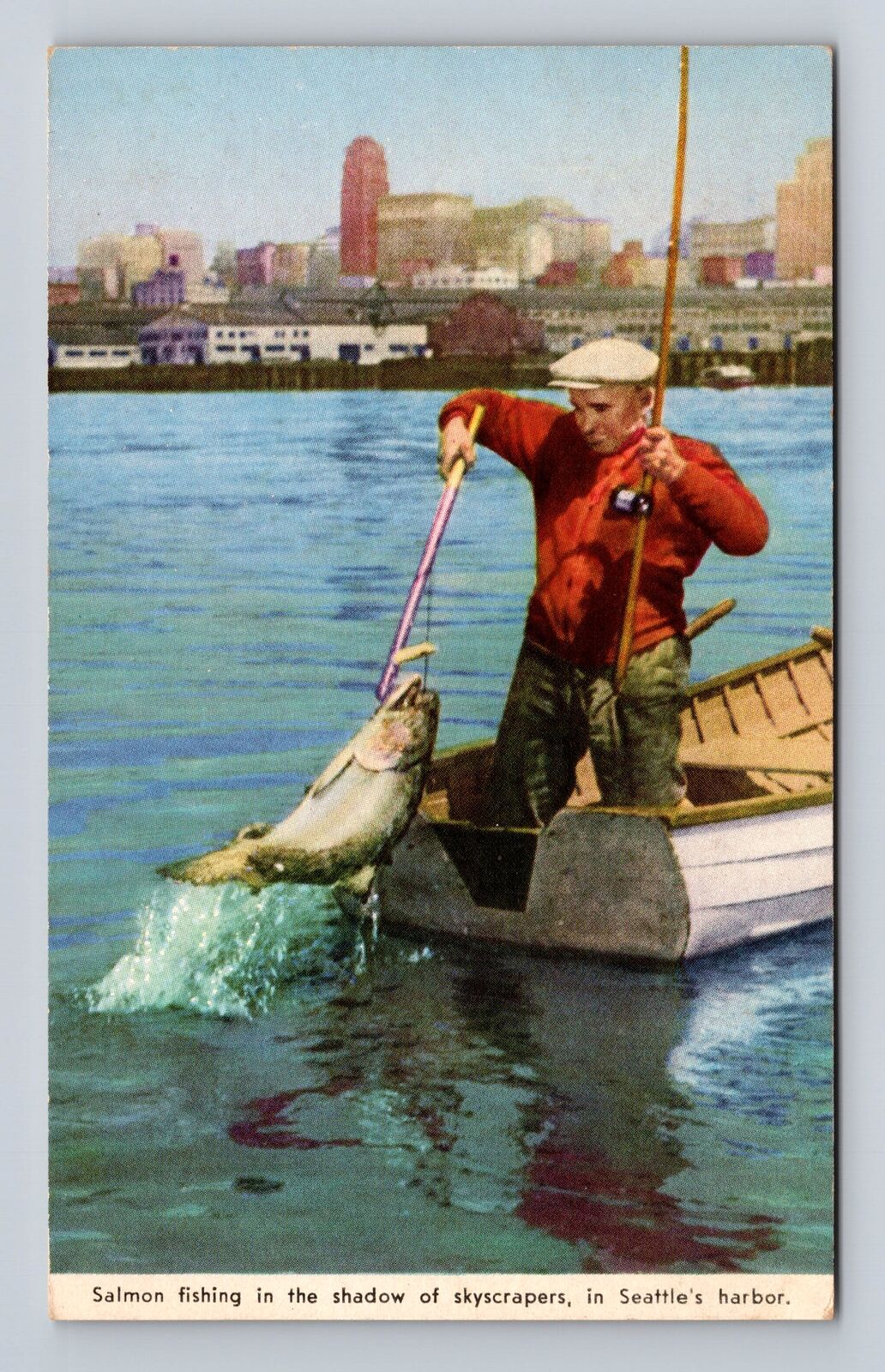 Seattle WA-Washington, Salmon Fishing, Skyline in Background, Vintage Postcard