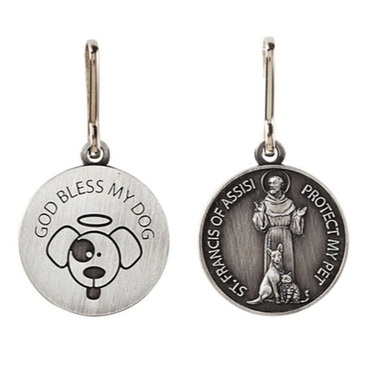 God Bless My Dog Saint St Francis Pet Medal Collar Tag Animal Protection Clip