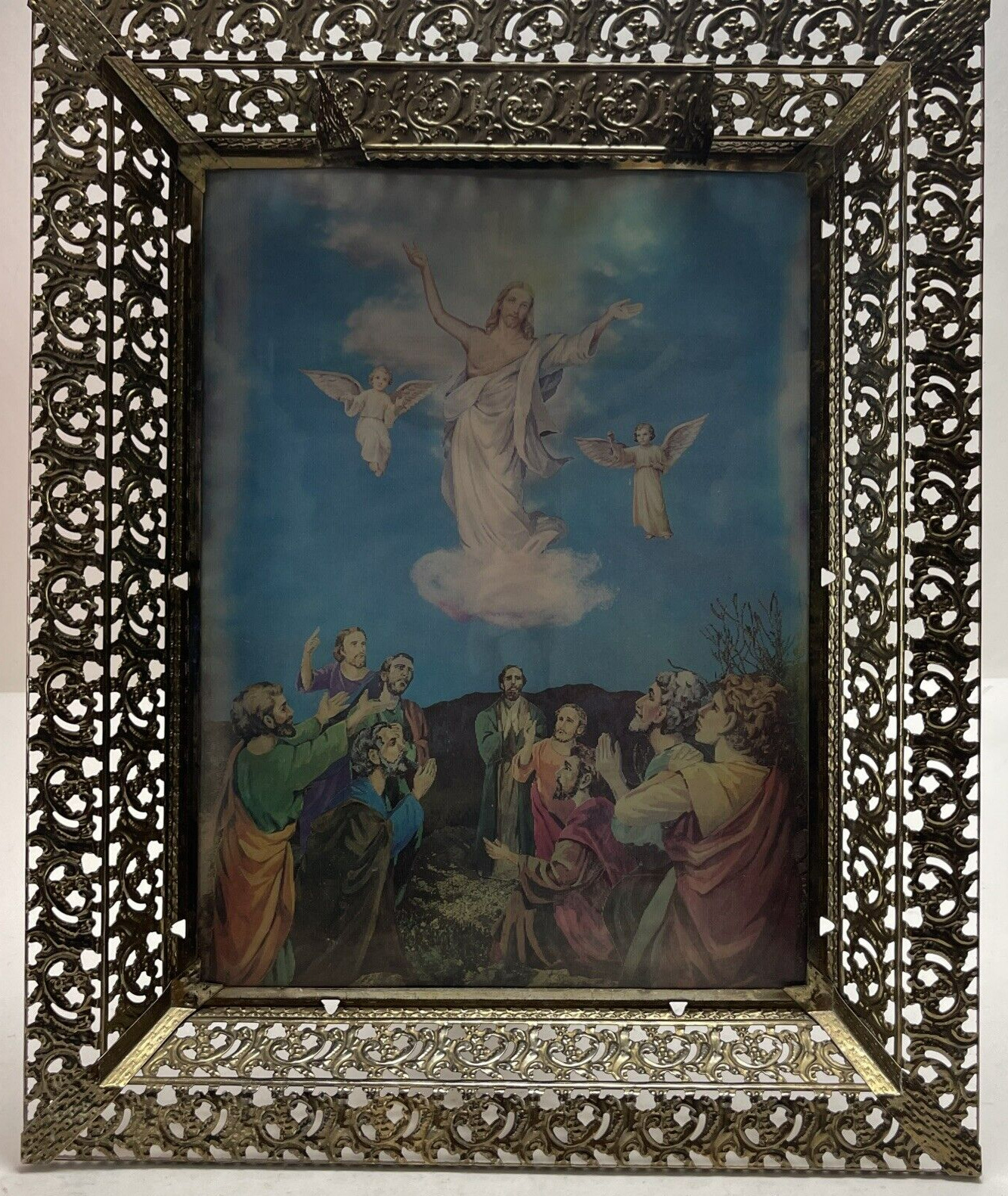 Vintage Lenticular Jesus Cross Religious Art Ormalu Filagree Gold Frame 21x17
