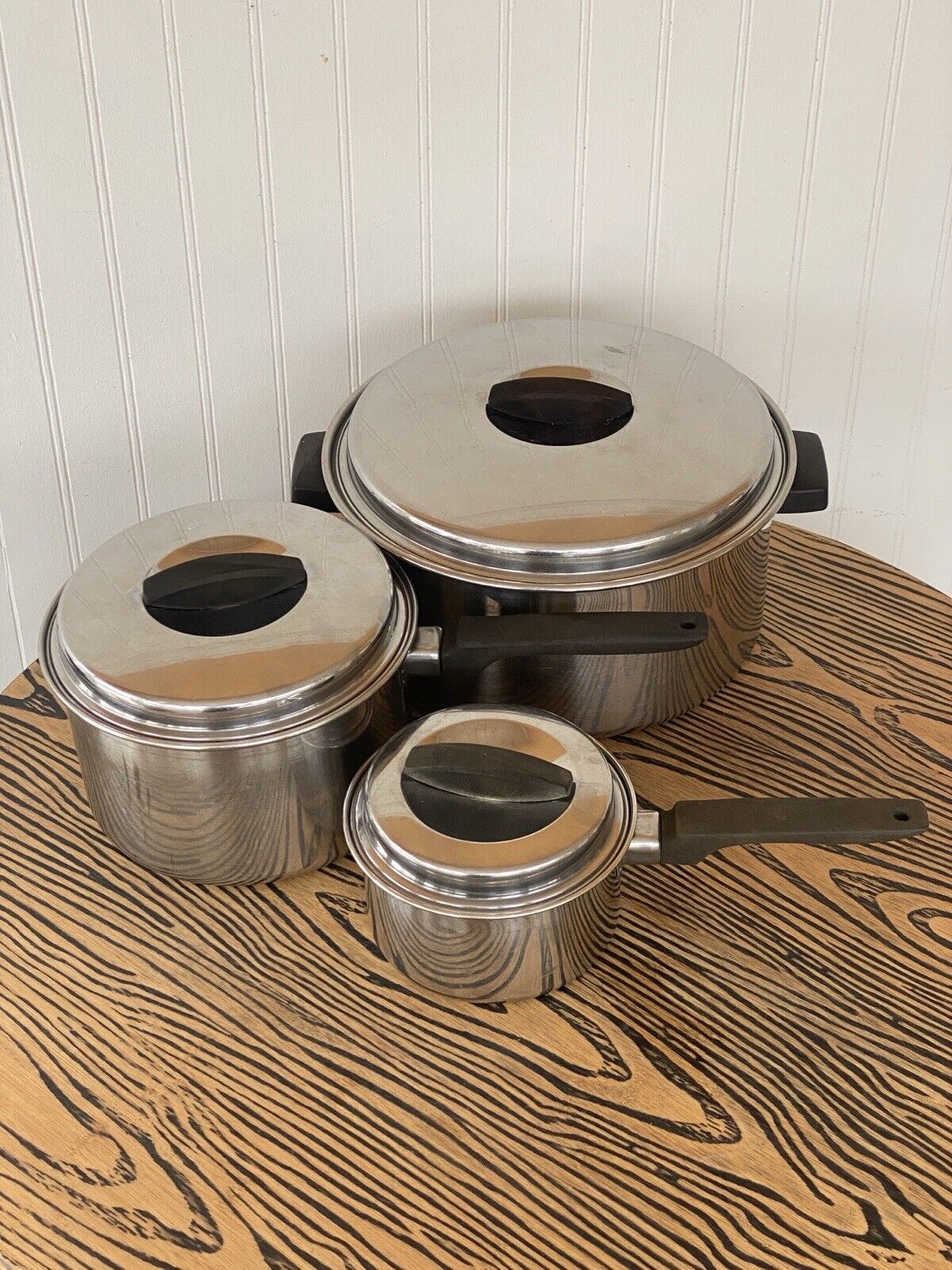 Vintage Flint Ware Ekco Stainless Steel Pan Set & Lids 1, 3 & 6.5 Quart