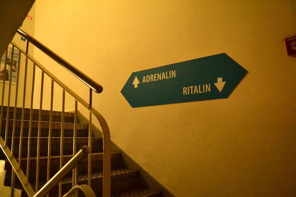 Photo. Funny Staircase Sign - 'Adrenalin - Ritalin'