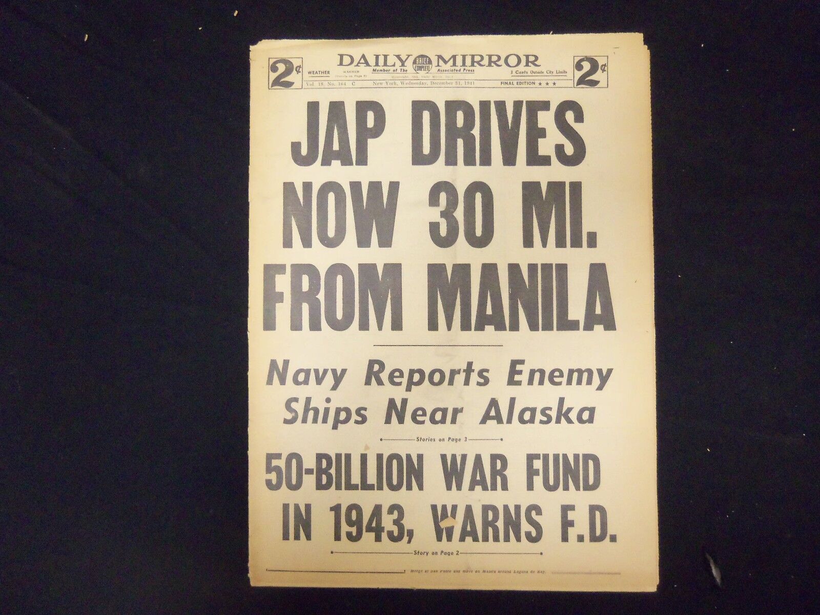 1941 DEC 31 NEW YORK DAILY MIRROR - JAP DRIVES NOW 30 MI. FROM MANILA - NP 2136