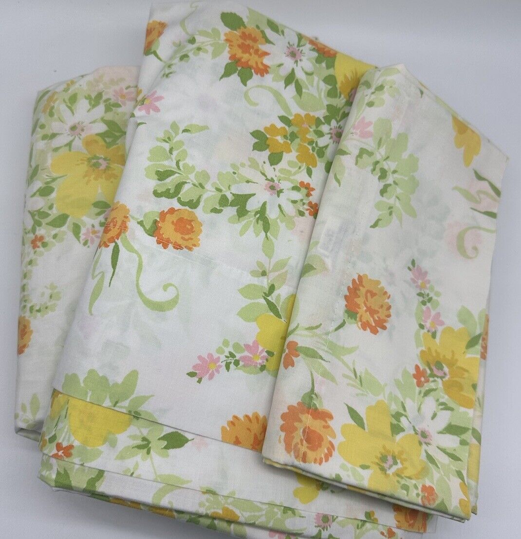 Vtg Penneys Full Sheet Set Floral Flower Power Flat Fitted 1 Pillow Case Retro